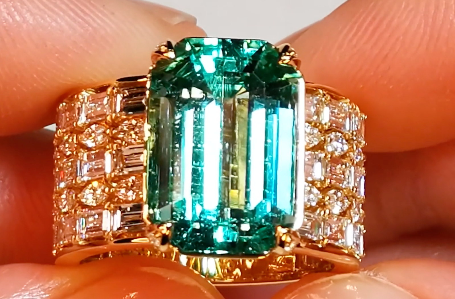 7.41ct No Oil Intense Green Crystal Emerald Ring with D Flawless Diamonds set in 18K Yellow Gold