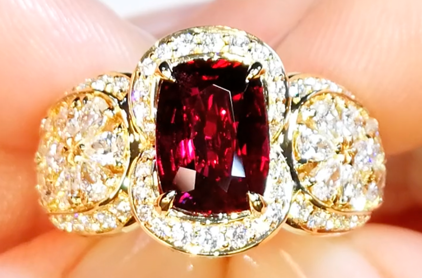 3.04ct Unheated Pigeons Blood Ruby Ring with D Flawless Diamonds set in 18K Yellow Gold