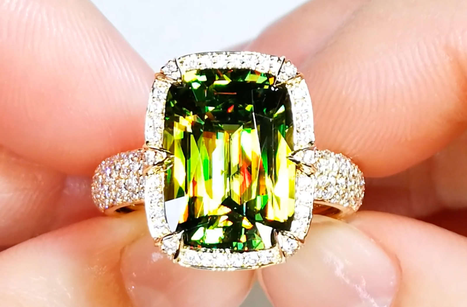 7.27ct Sphene Ring with D Flawless Diamonds set in 18K Yellow Gold