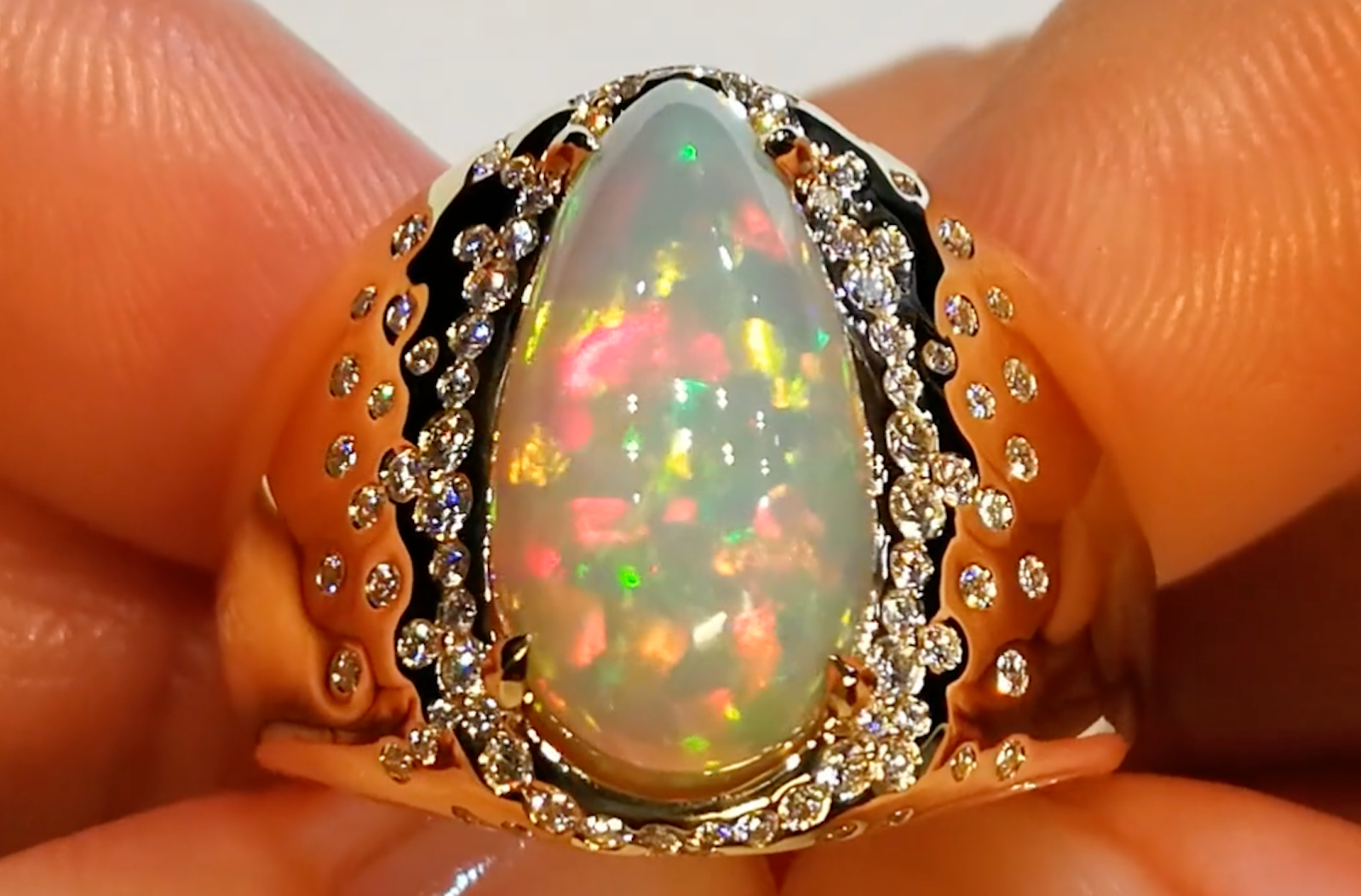 5.86ct Indonesian Black Opal Ring with D Flawless Diamonds set in 18K Yellow Gold