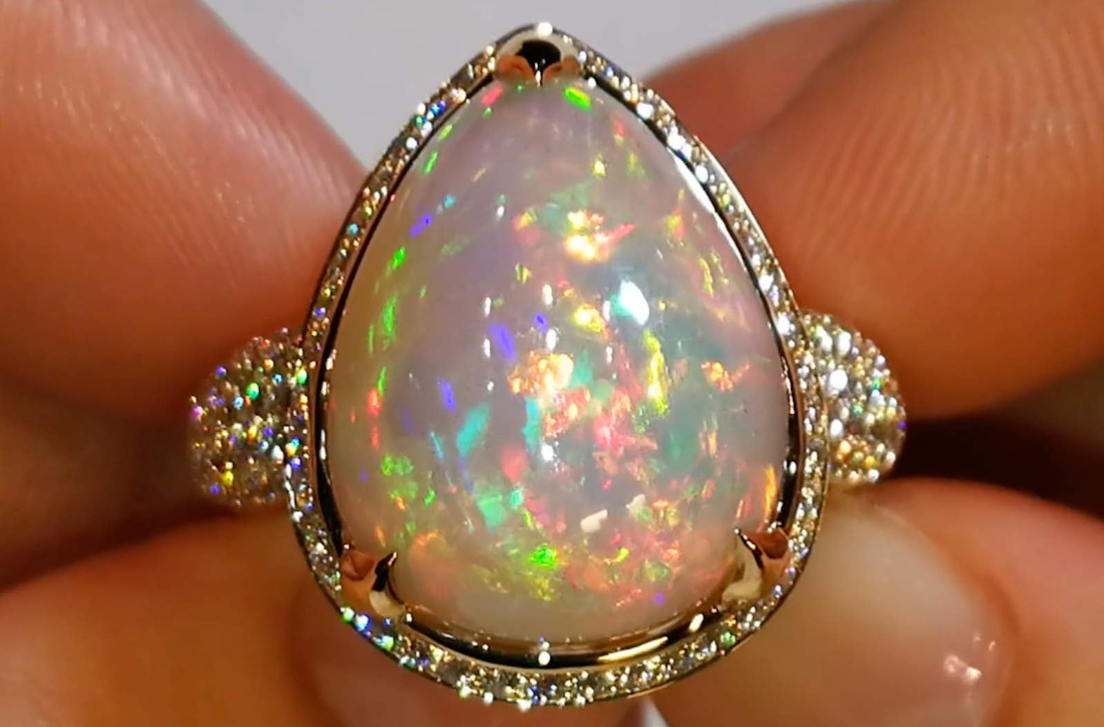 11.37ct Indonesian Black Opal Ring with D Flawless Diamonds set in 18K Yellow Gold
