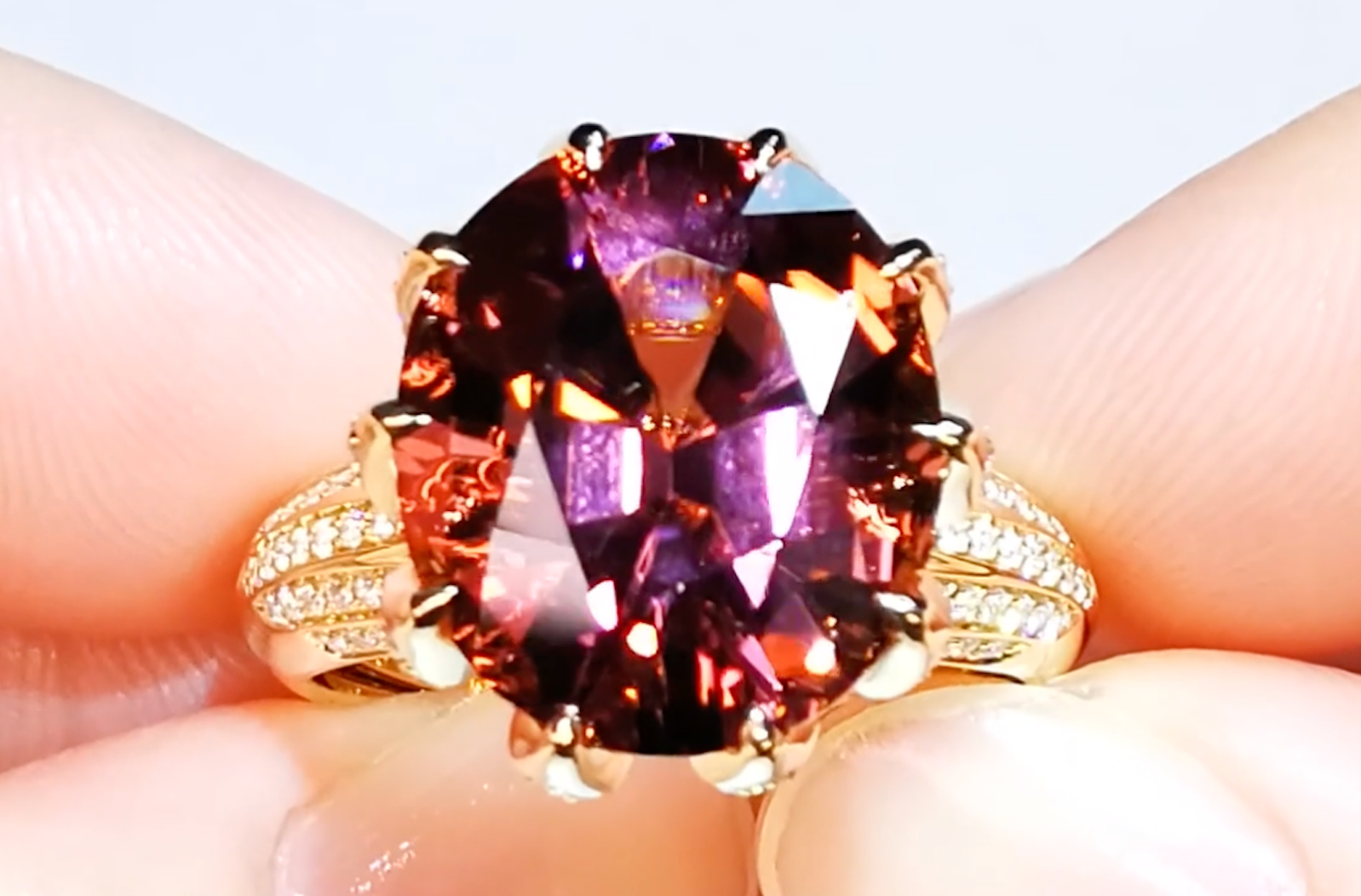 10.12ct Titanium Rubellite Ring with D Flawless Diamonds set in 18K Yellow Gold