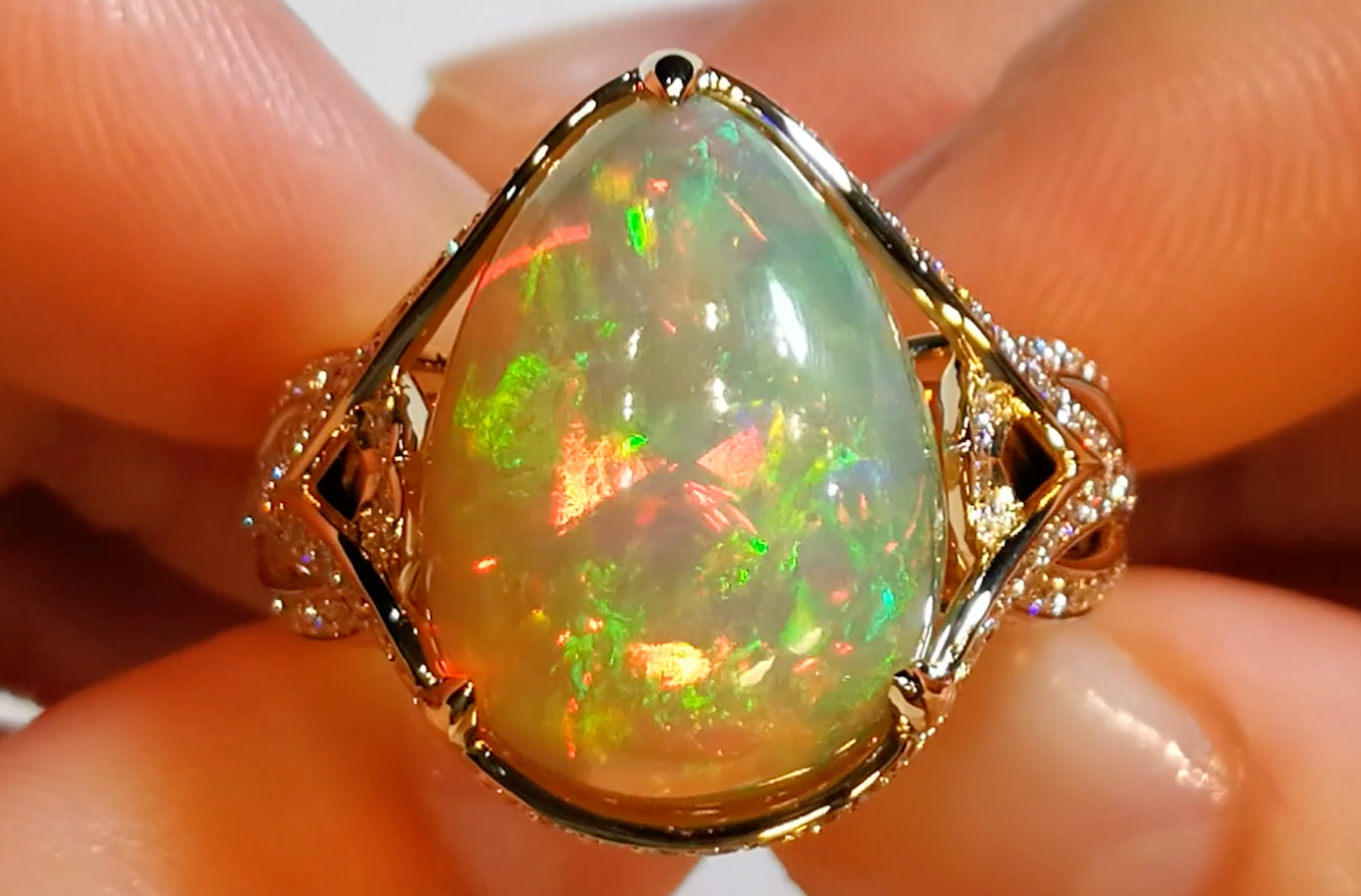 10.74ct Indonesian Black Opal Ring with D Flawless Diamonds set in 18K Yellow Gold