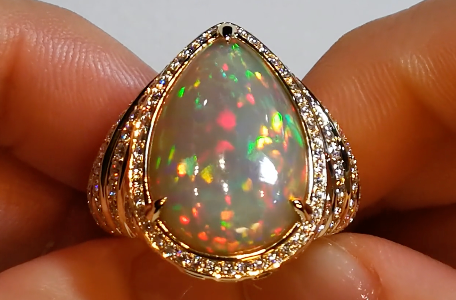 9.34ct Indonesian Black Opal Ring with D Flawless Diamonds set in 18K Yellow Gold