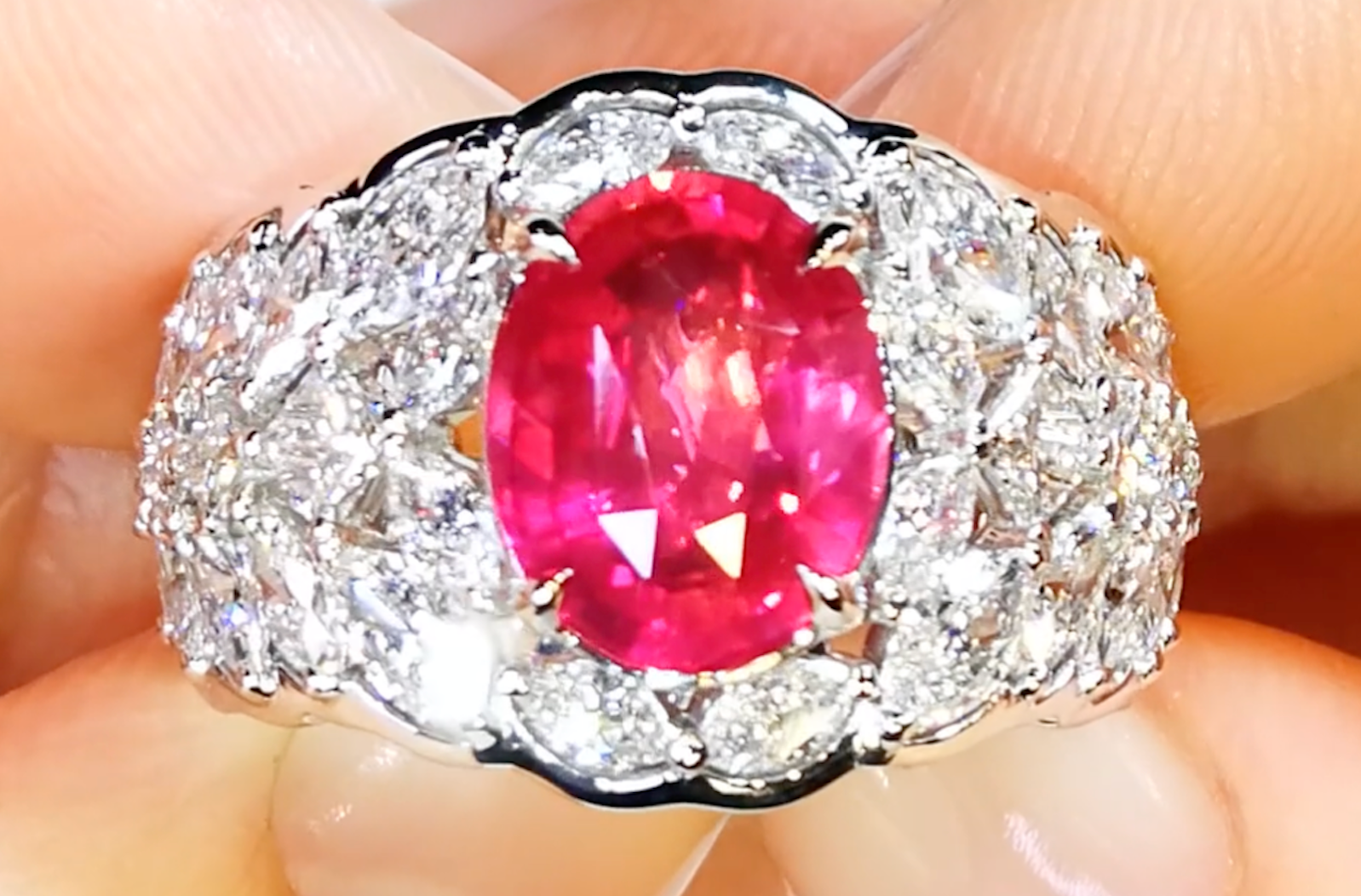 3.54ct Unheated Vivid Ruby Ring with D Flawless Diamonds set in 18K White Gold