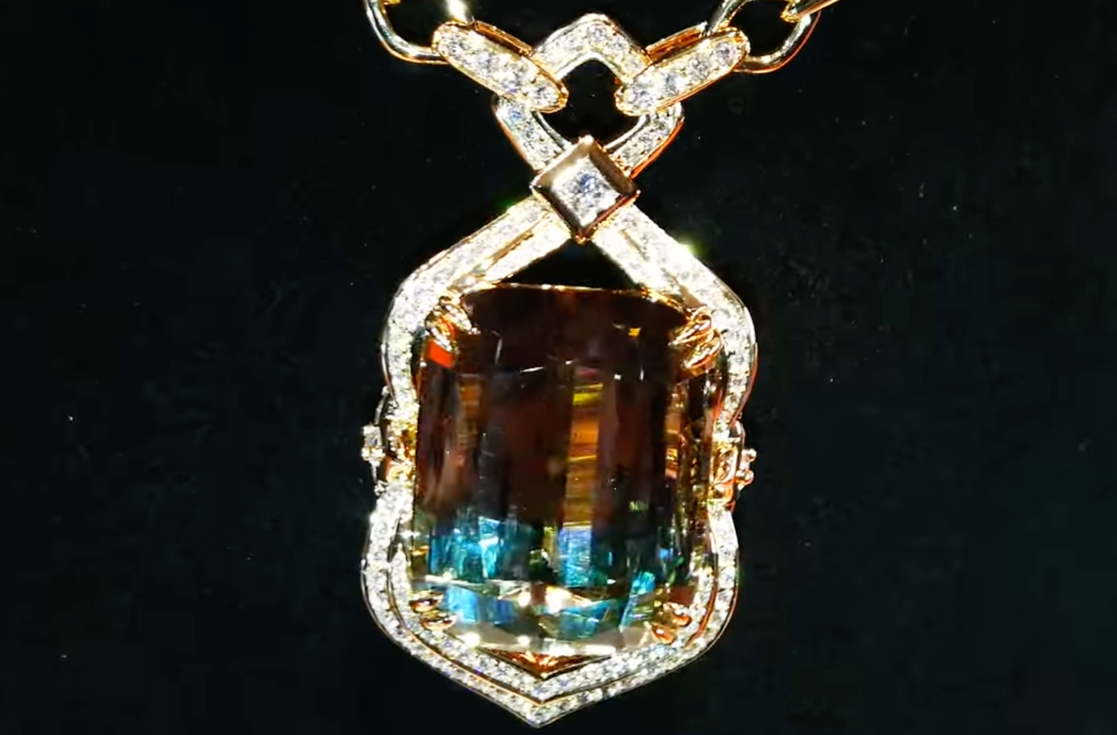 69.69ct Afgan Bicolor Tourmaline Necklace with D Flawless Diamonds set in 18K Yellow Gold