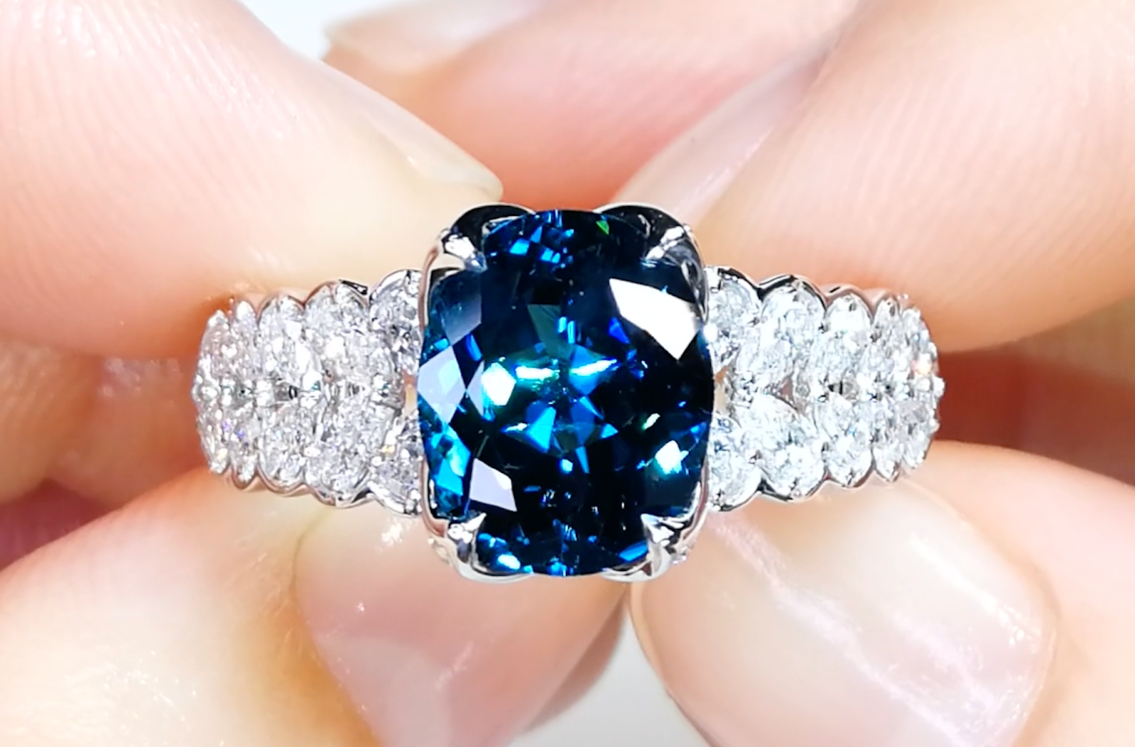 3.08ct Afghan Indigo Blue Indicolite Ring with D Flawless Diamonds set in 18K White Gold