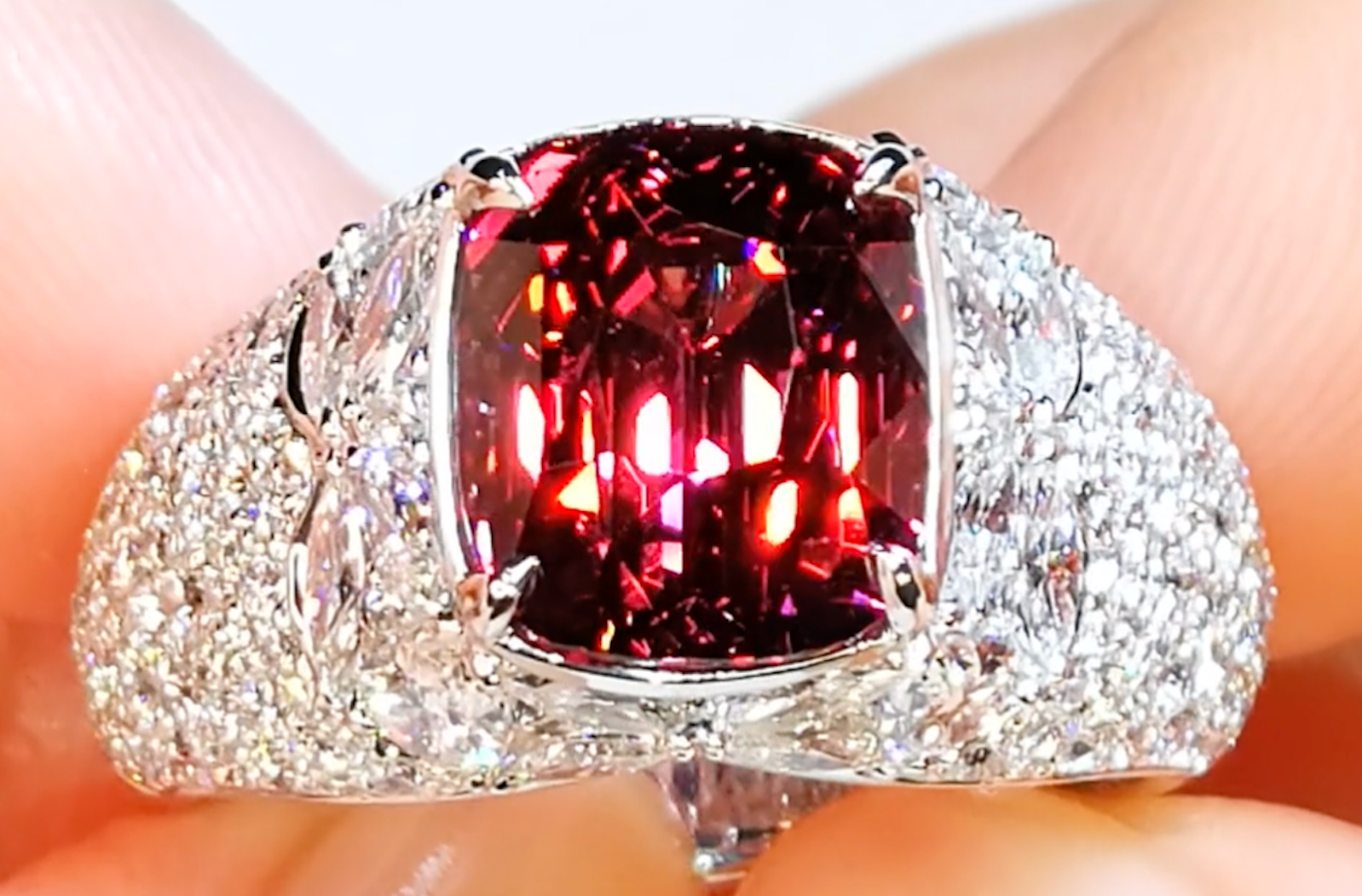5.73ct Malaya Garnet Ring with D Flawless Diamonds set in 18K White Gold