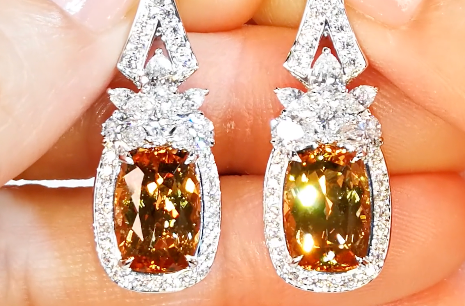 7.71ct Brazilian Imperial Topaz Earrings with D Flawless Diamonds set in 18K White Gold
