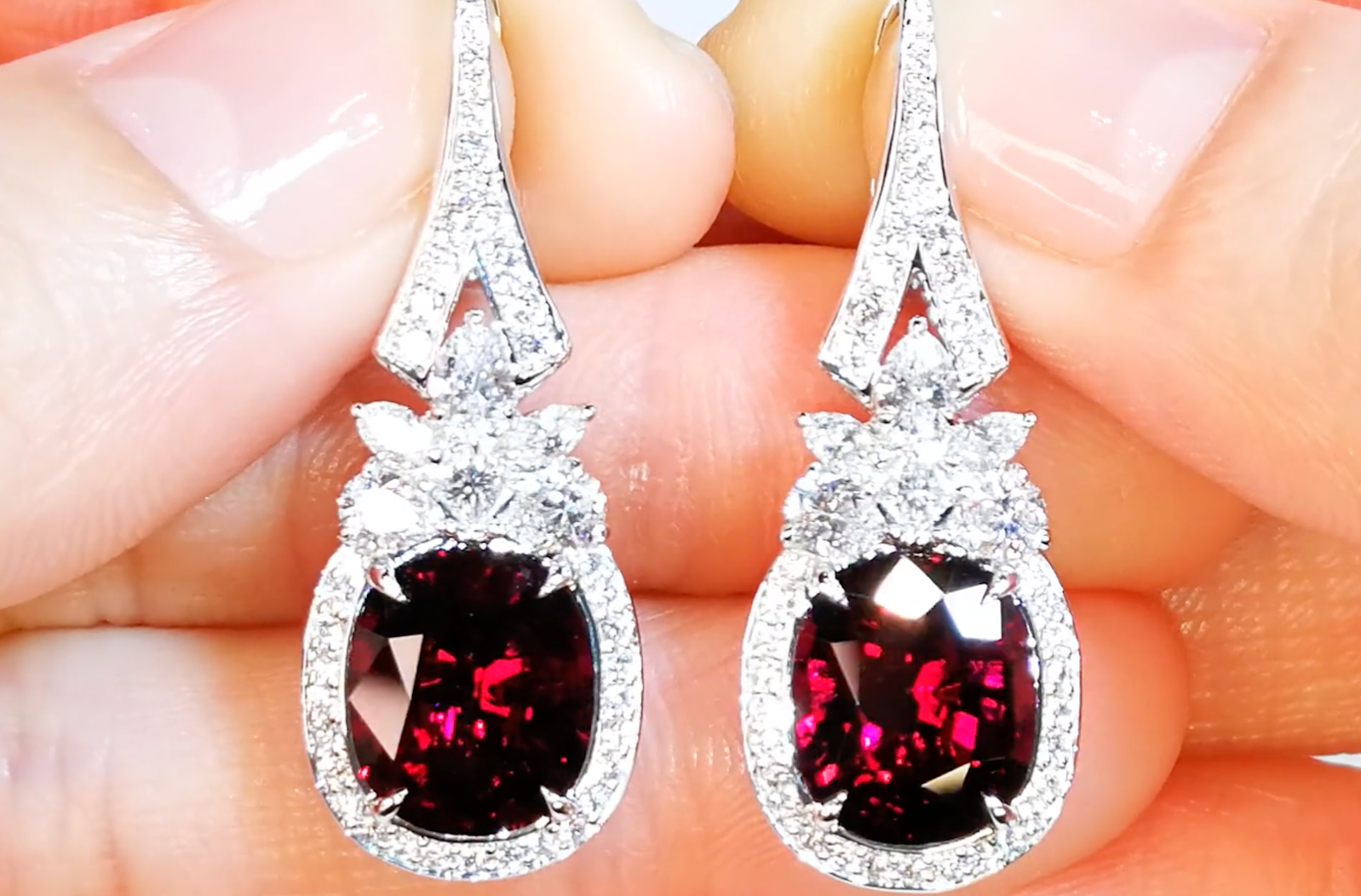7.45ct Pigeons Blood Rubellite Earrings with D Flawless Diamonds set in 18K White Gold