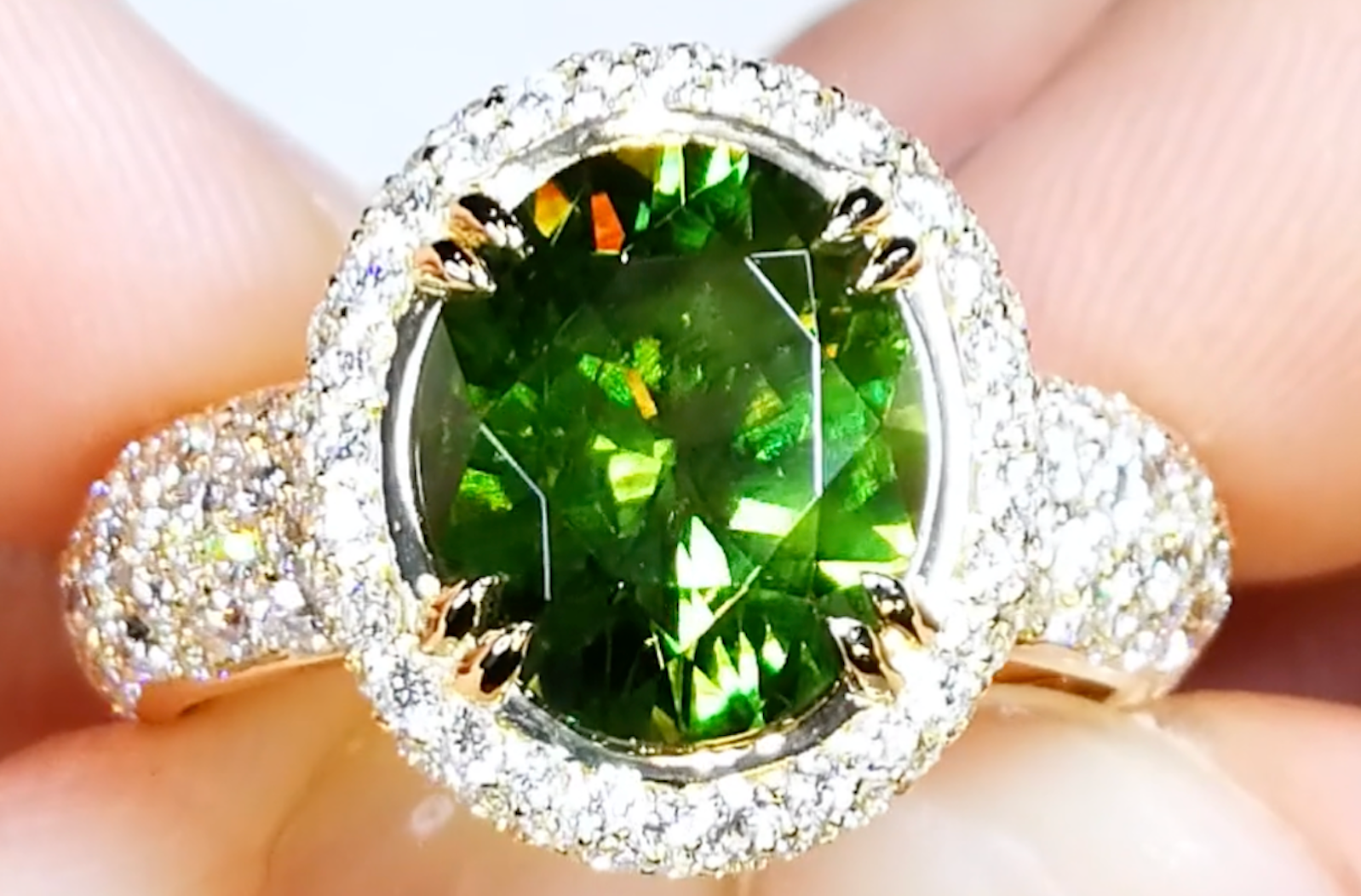 4.40ct Horsetail Russian Demantoid Ring with D Flawless Diamonds set in 18K Yellow Gold