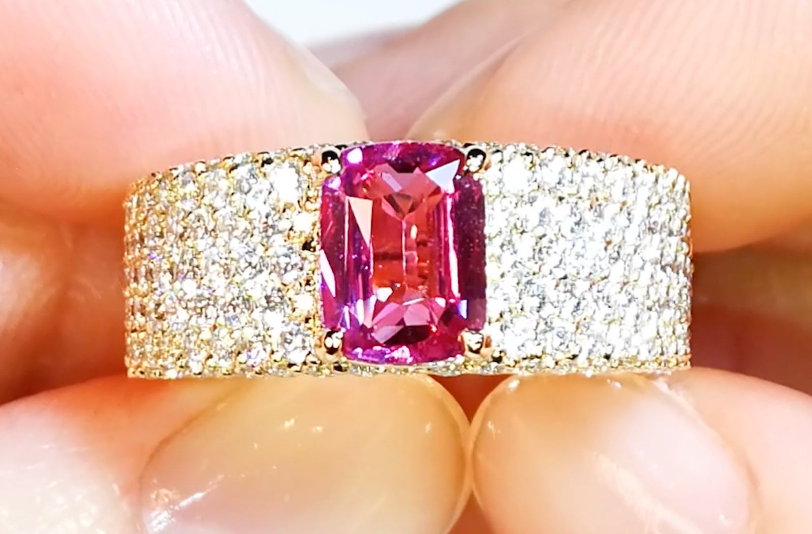 2.03ct Unheated Intense Pink Sapphire Ring with D Flawless Diamonds set in 18K Yellow Gold