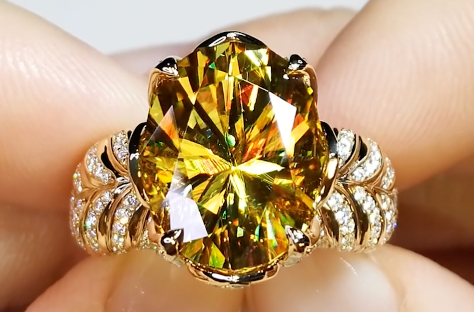 10.01ct Madagascar Sphene Ring with D Flawless Diamonds set in 18K Yellow Gold