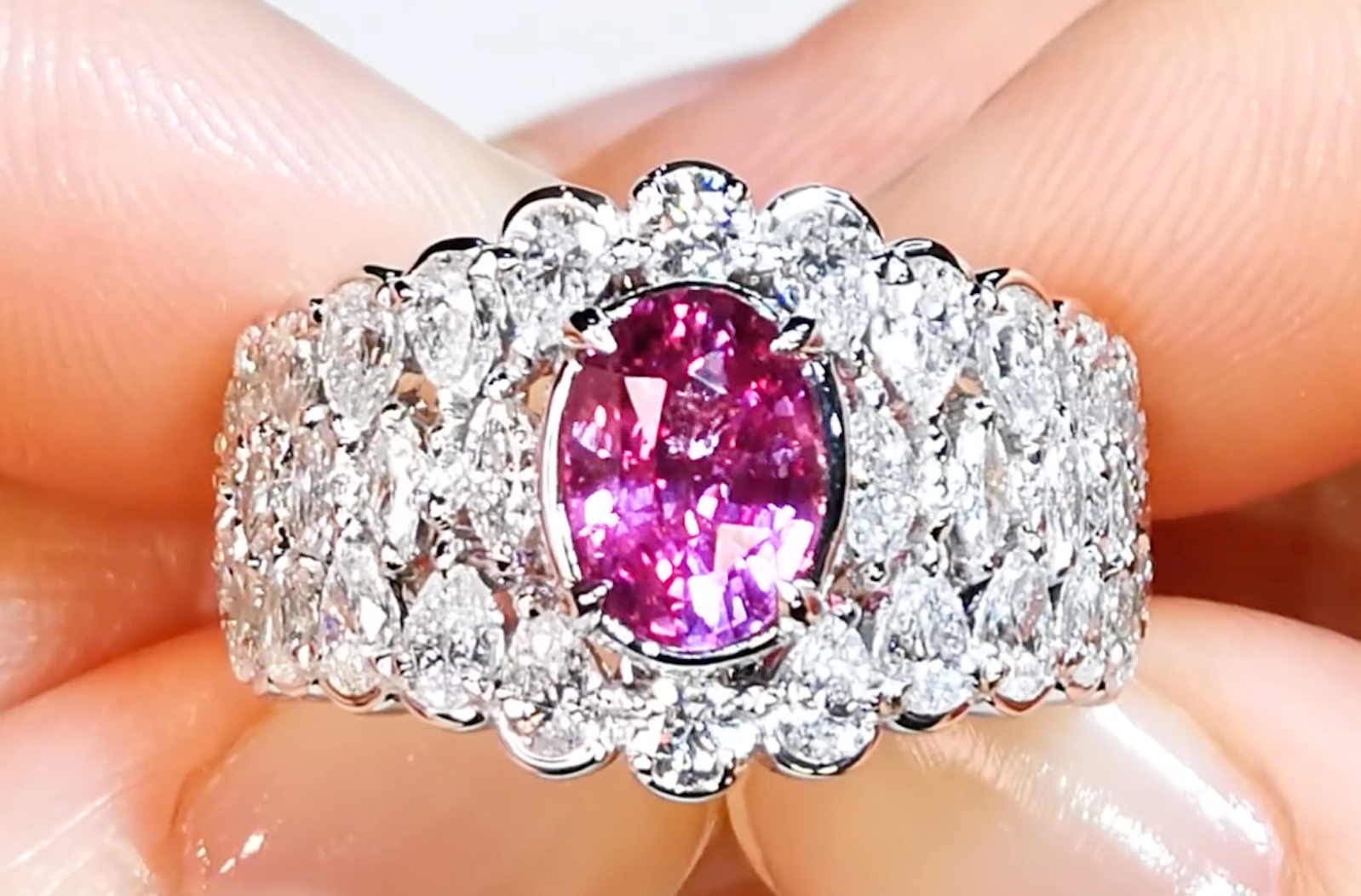 2.07ct Unheated Vivid Pink Sapphire Ring with D Flawless Diamonds set in 18K White Gold