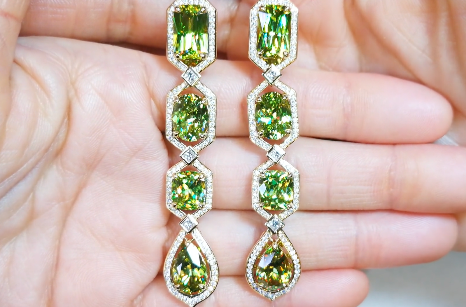 21.68ct Russian Sphene Earrings with D Flawless Diamonds set in 18K Yellow Gold