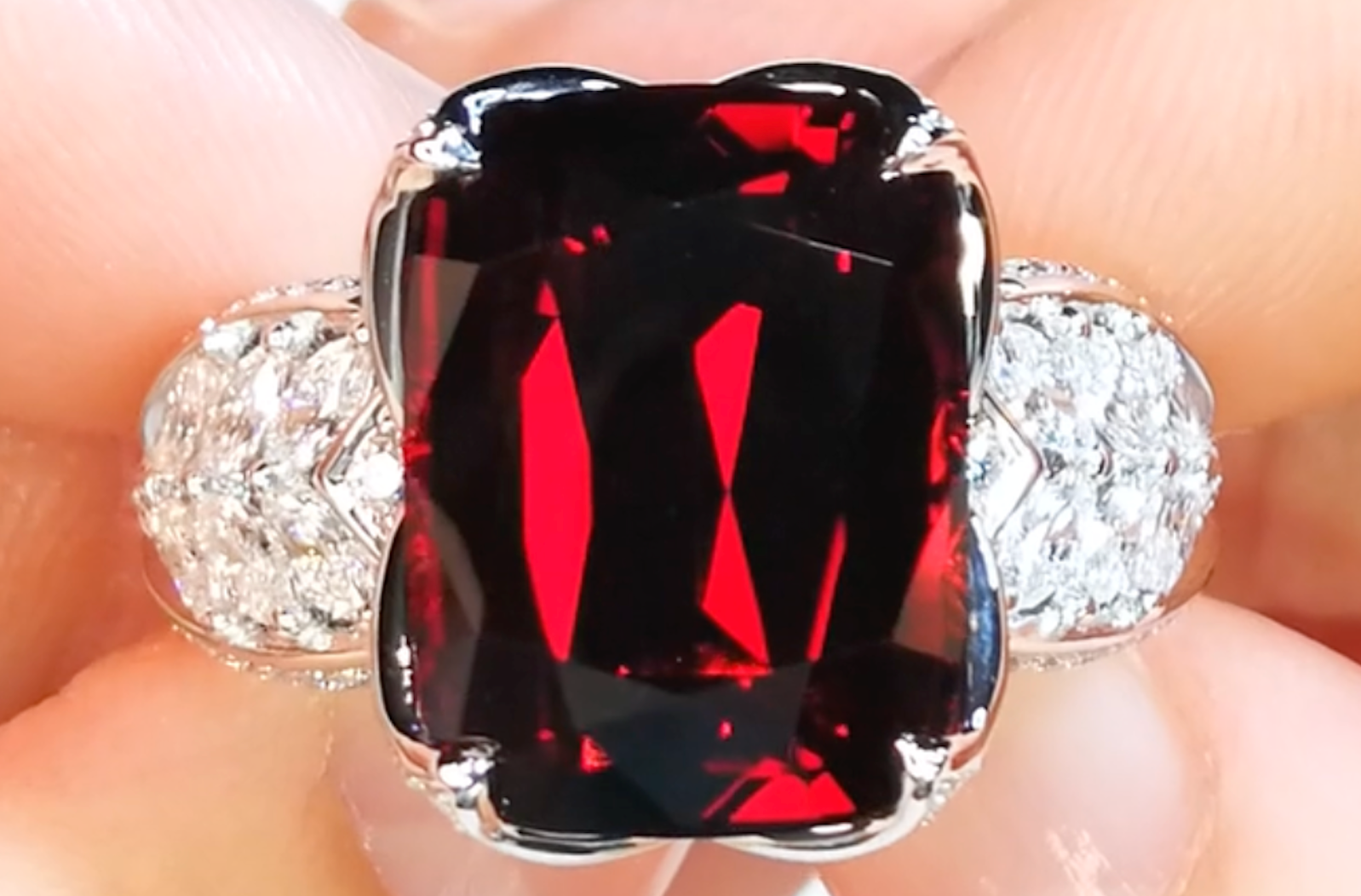 13.97ct Vivid Red Ant Hill Garnet Ring with D Flawless Diamonds set in 18K White Gold