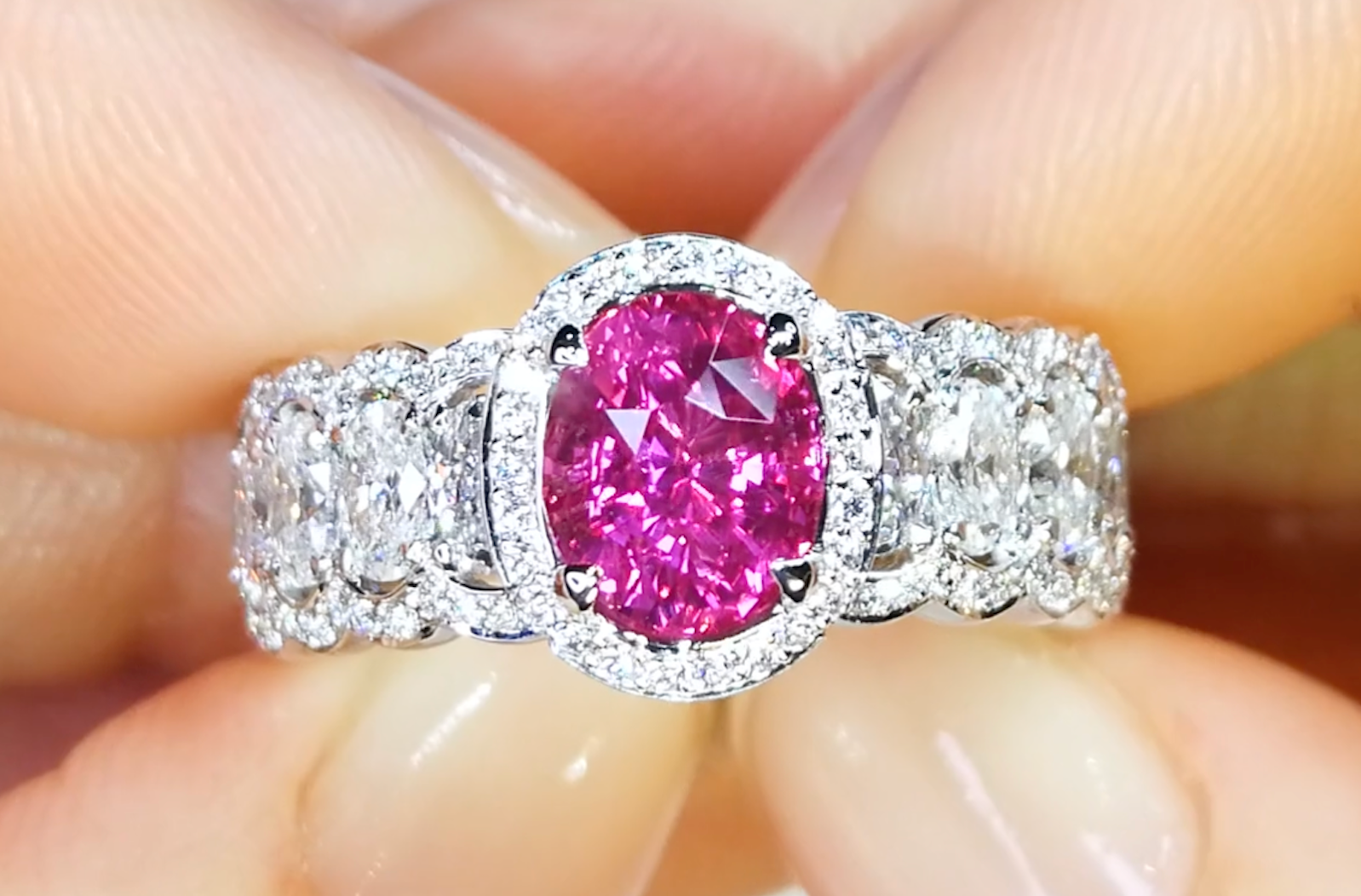 2.02ct Unheated Hot Pink Sapphire Ring with D Flawless Diamonds set in 18K White Gold