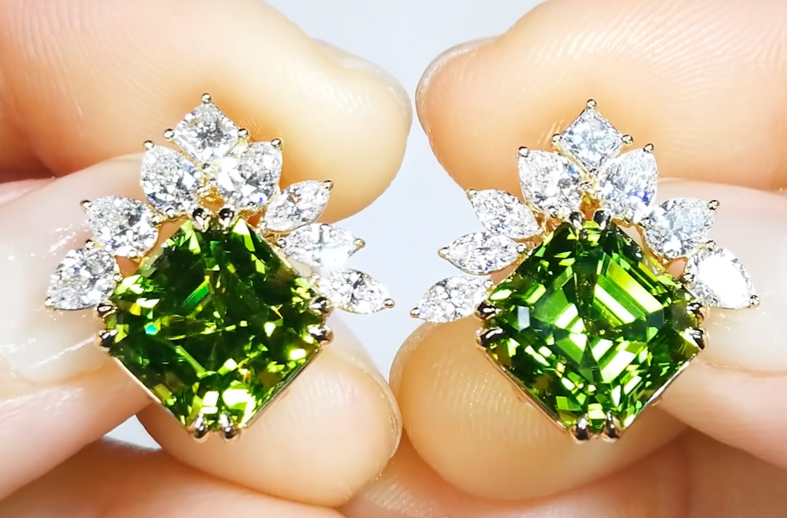 11.91ct Zabargad Peridot Earrings with D Flawless Diamonds set in 18K Yellow Gold