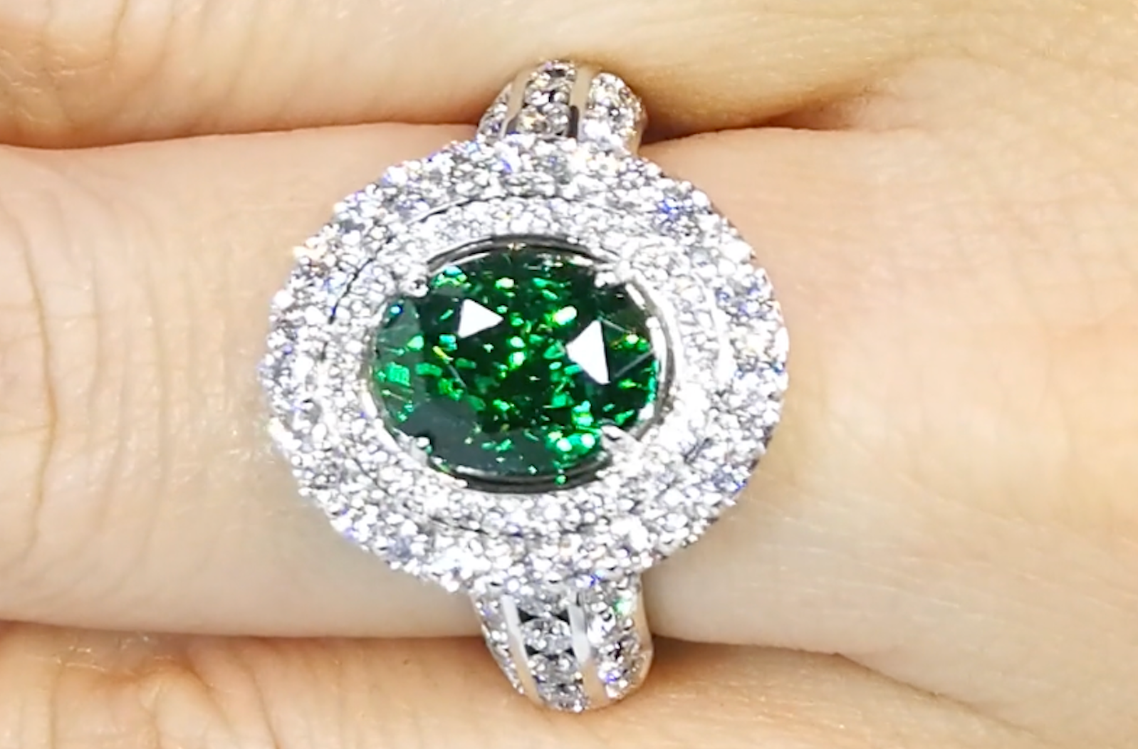 3.47ct Bluish Green Tsavorite Garnet Ring with D Flawless Diamonds set in Platinum