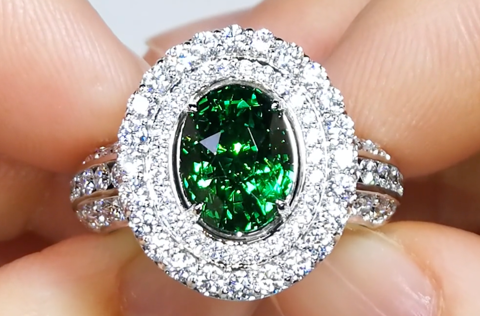 3.47ct Bluish Green Tsavorite Garnet Ring with D Flawless Diamonds set in Platinum