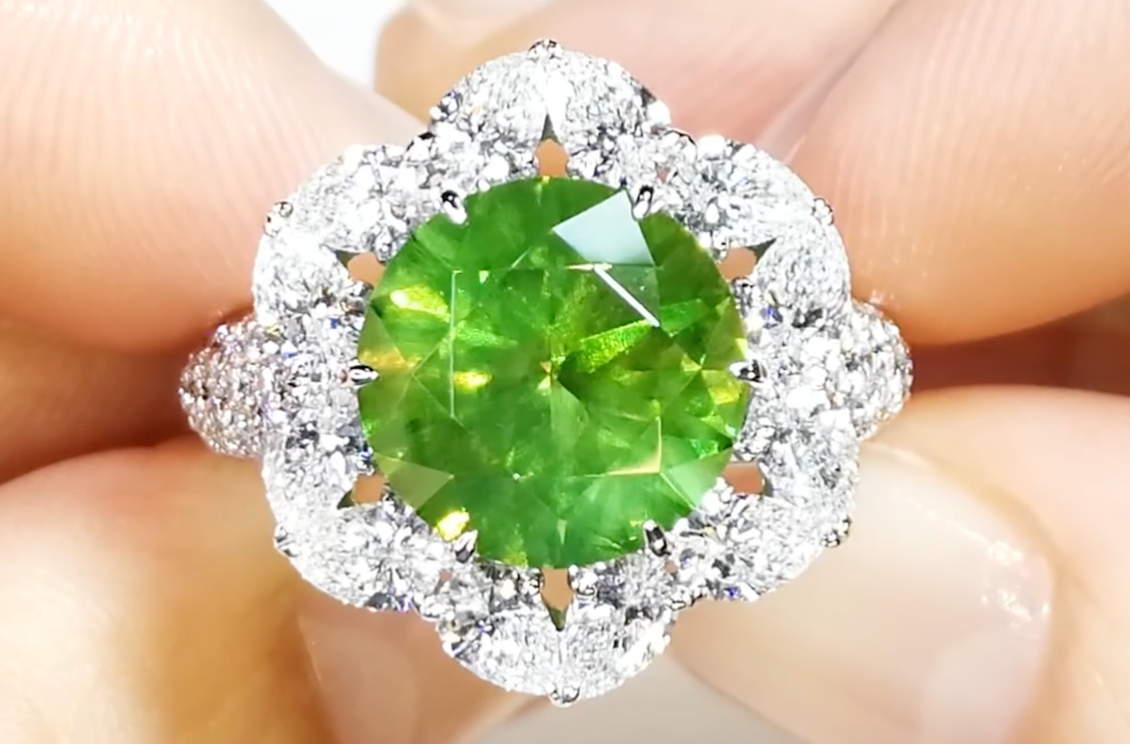 6.58ct Russian Horsetail Demantoid Ring with D Flawless Diamonds set in 18K White Gold