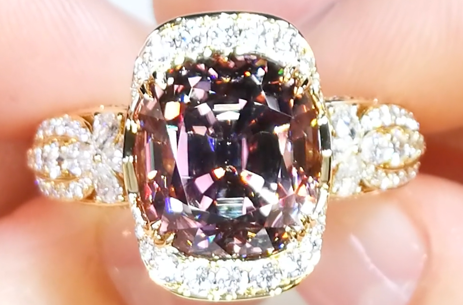 13.83ct Unheated Australian Pink Zircon Ring with D Flawless Diamonds set in 18K Yellow Gold