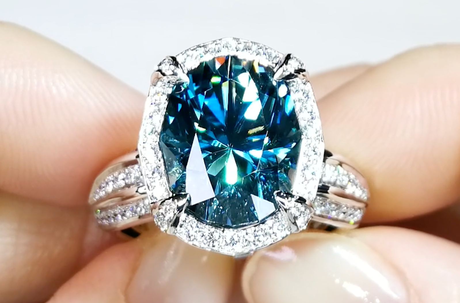 11.60ct Blue Zircon Ring with D Flawless Diamonds set in 18K White Gold
