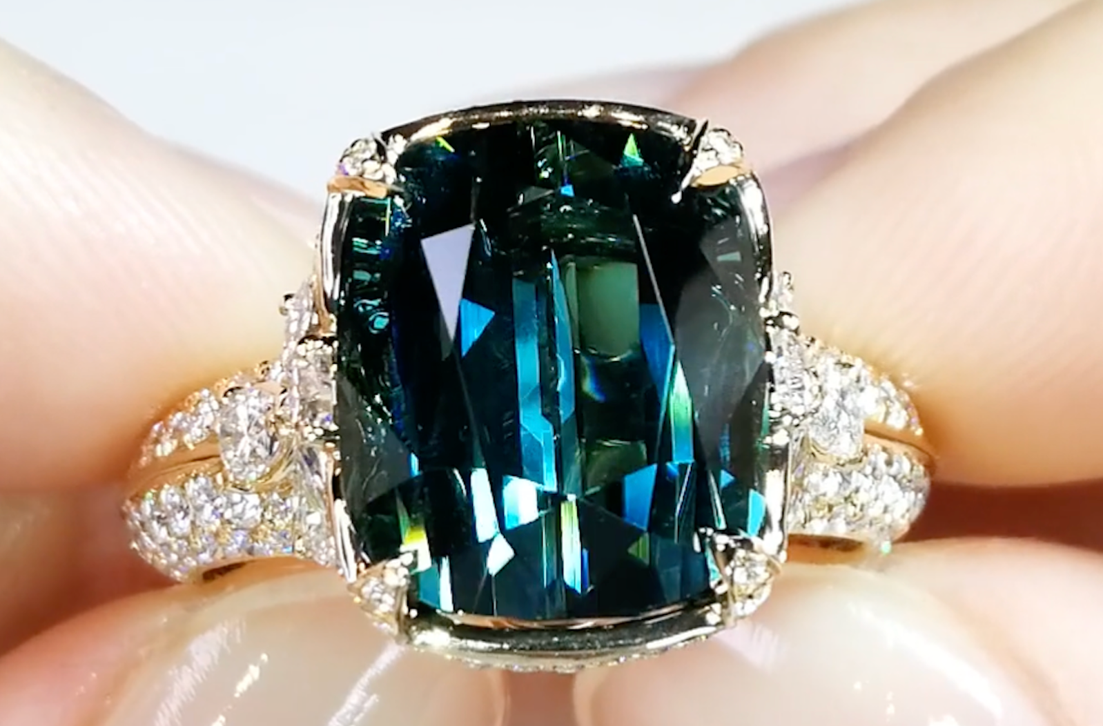 9.68ct Afghan Indicolite Ring with D Flawless Diamonds set in 18K Yellow Gold