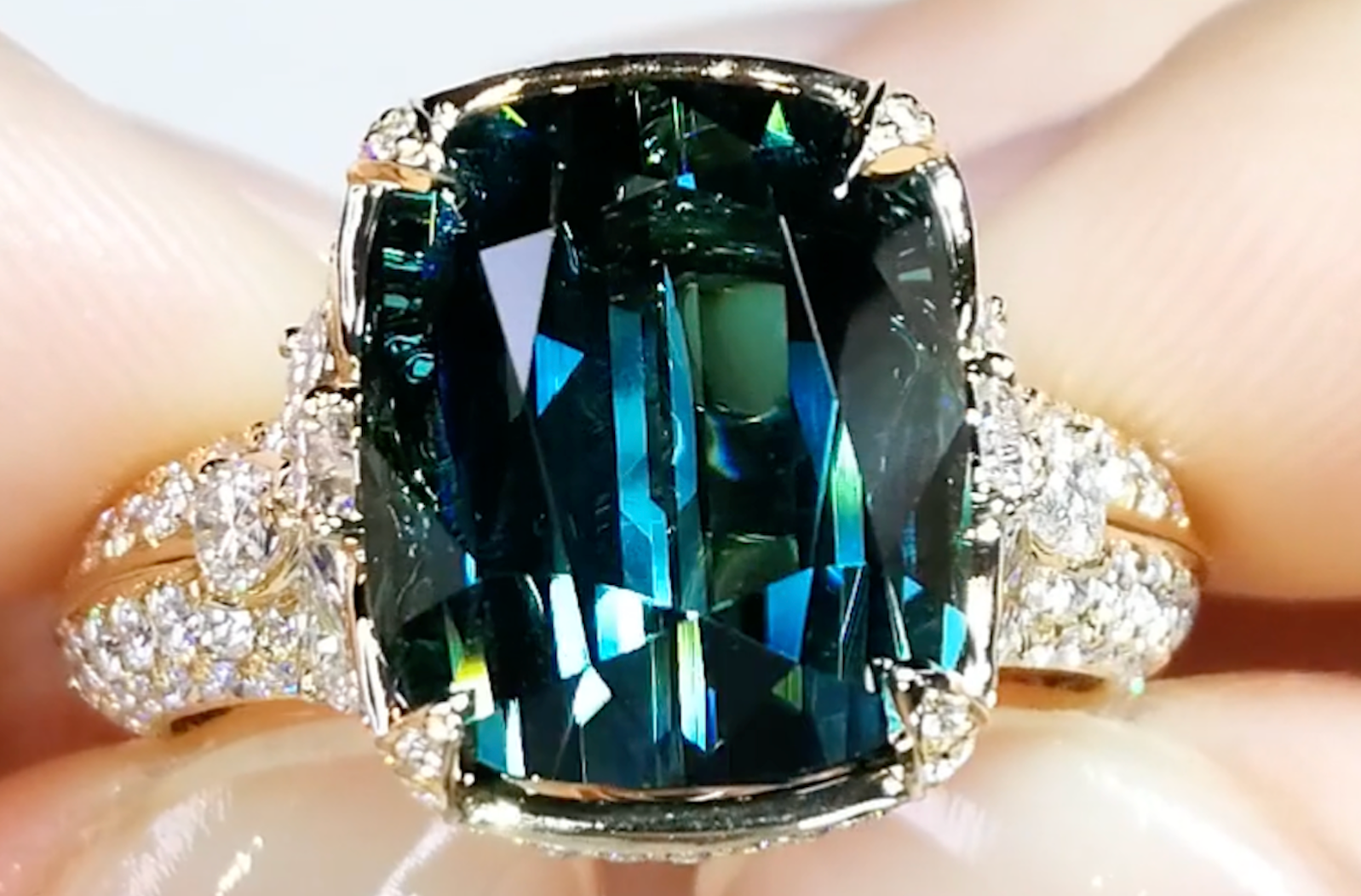 9.68ct Afghan Indicolite Ring with D Flawless Diamonds set in 18K Yellow Gold