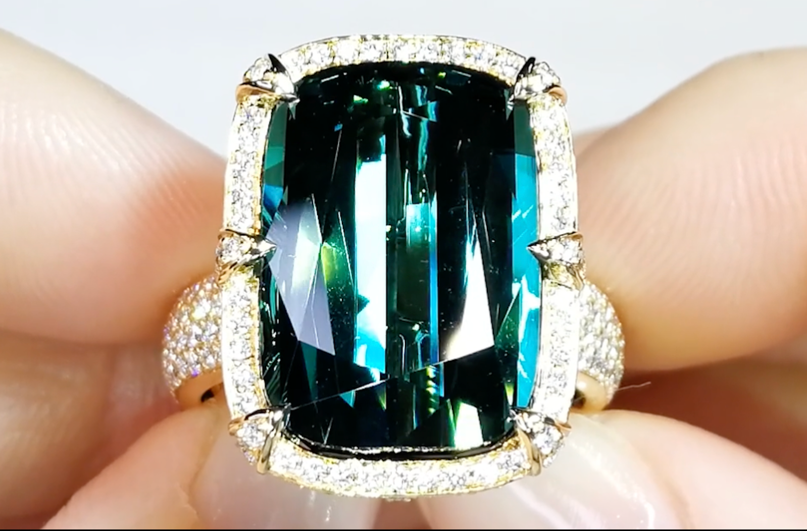 16.44ct Afghan Indicolite Ring with D Flawless Diamonds set in 18K Yellow Gold