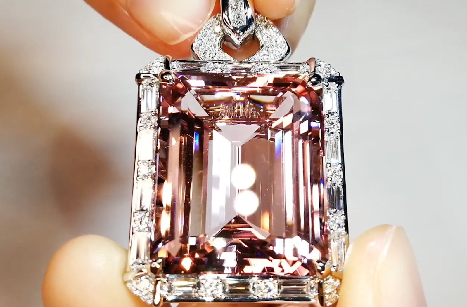 60.76ct Record Intense Pink Madagascar Morganite Necklace with D Flawless Diamonds set in 18K White Gold