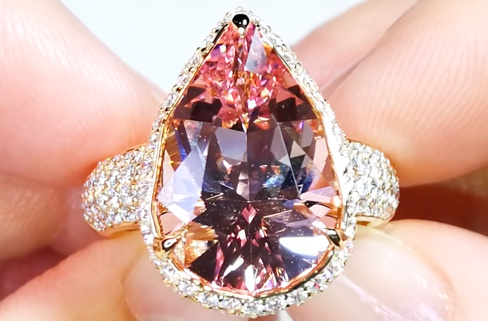 8.84ct Madagascar Morganite Ring with D Flawless Diamonds set in 18K Yellow Gold
