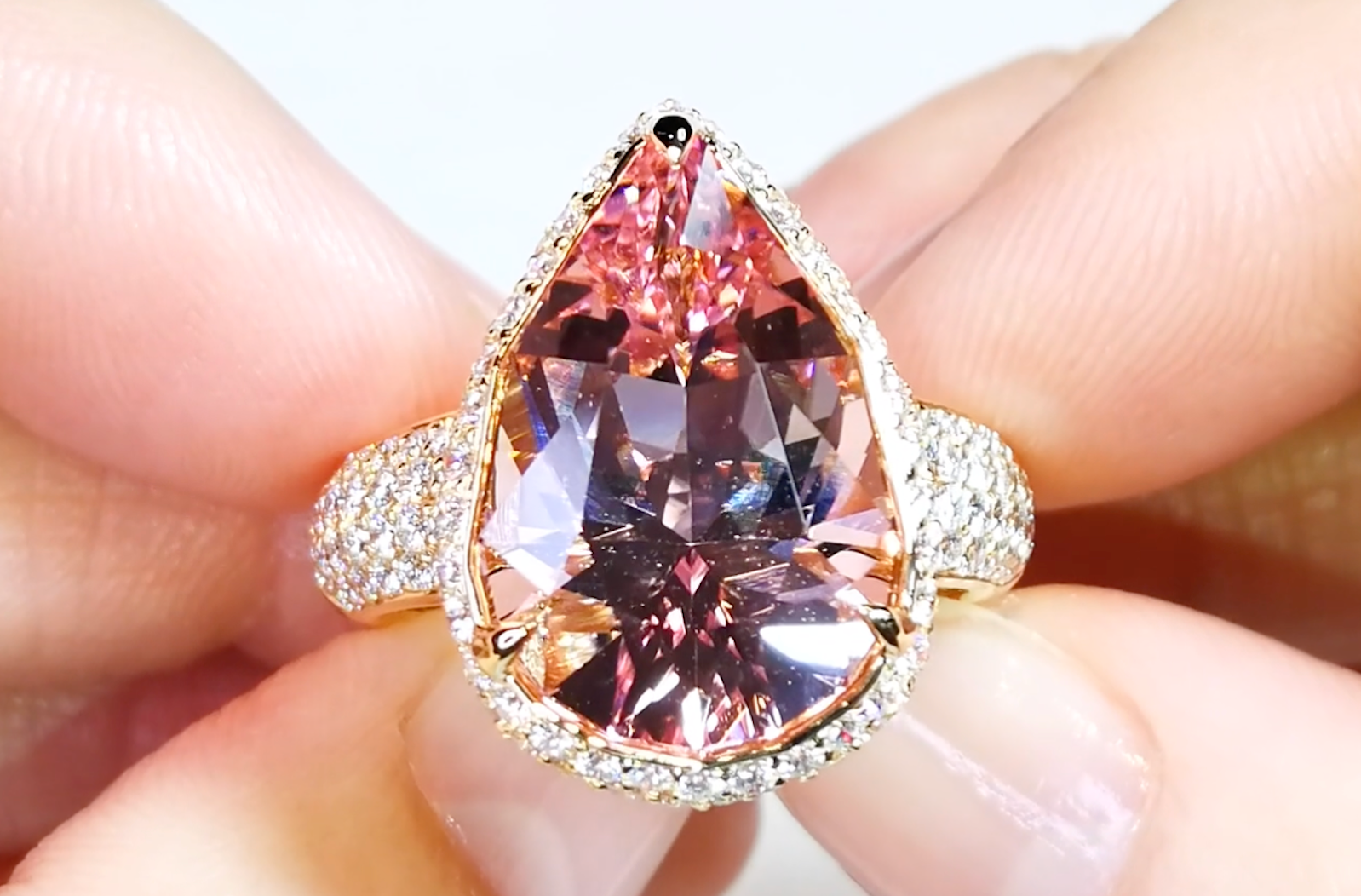 8.84ct Madagascar Morganite Ring with D Flawless Diamonds set in 18K Yellow Gold