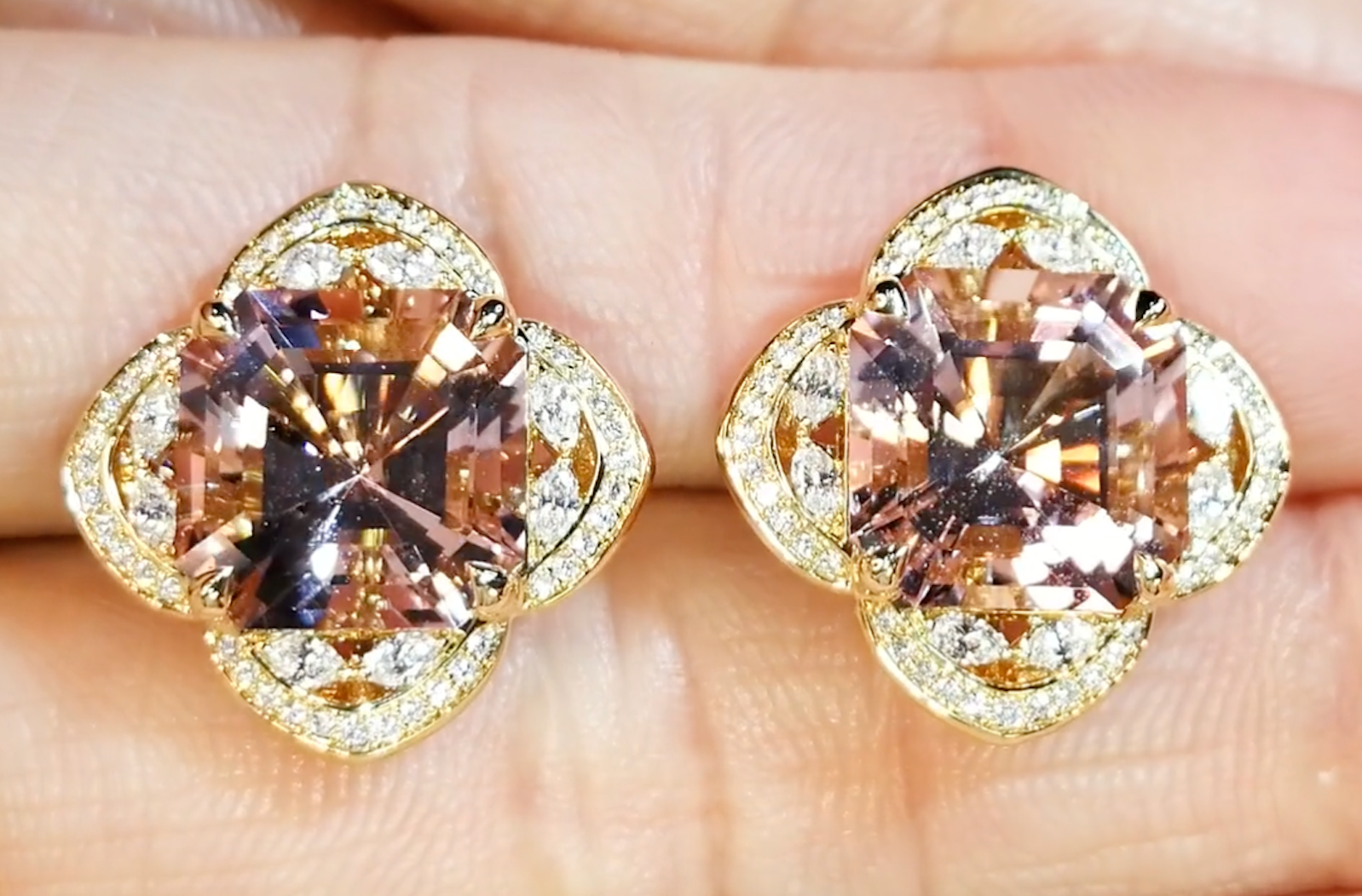 9.22ct Madagascar Morganite Earrings with D Flawless Diamonds set in 18K Yellow Gold
