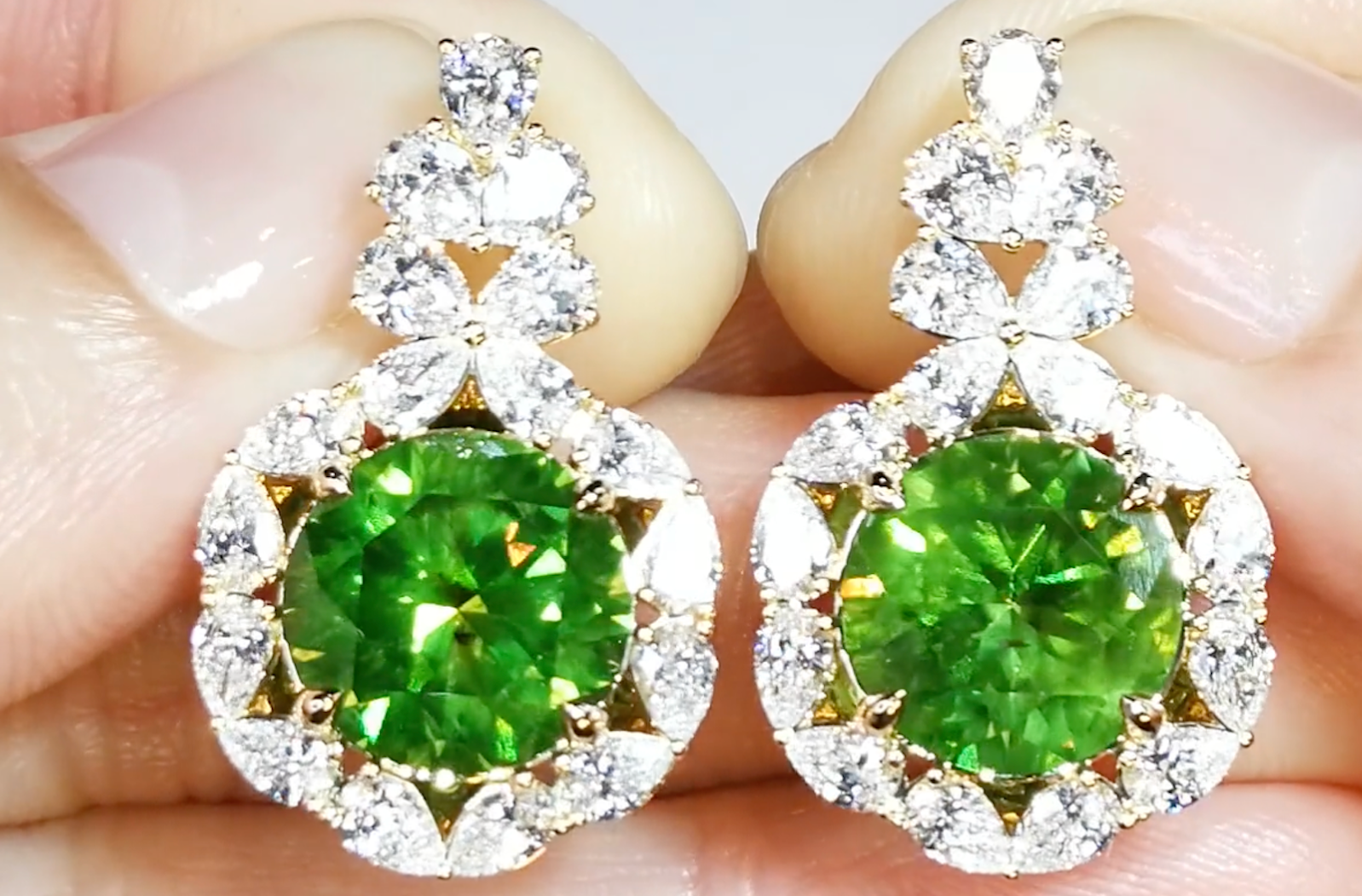 12.76ct Russian Horsetail Demantoid Earrings with D Flawless Diamonds set in 18K Yellow Gold