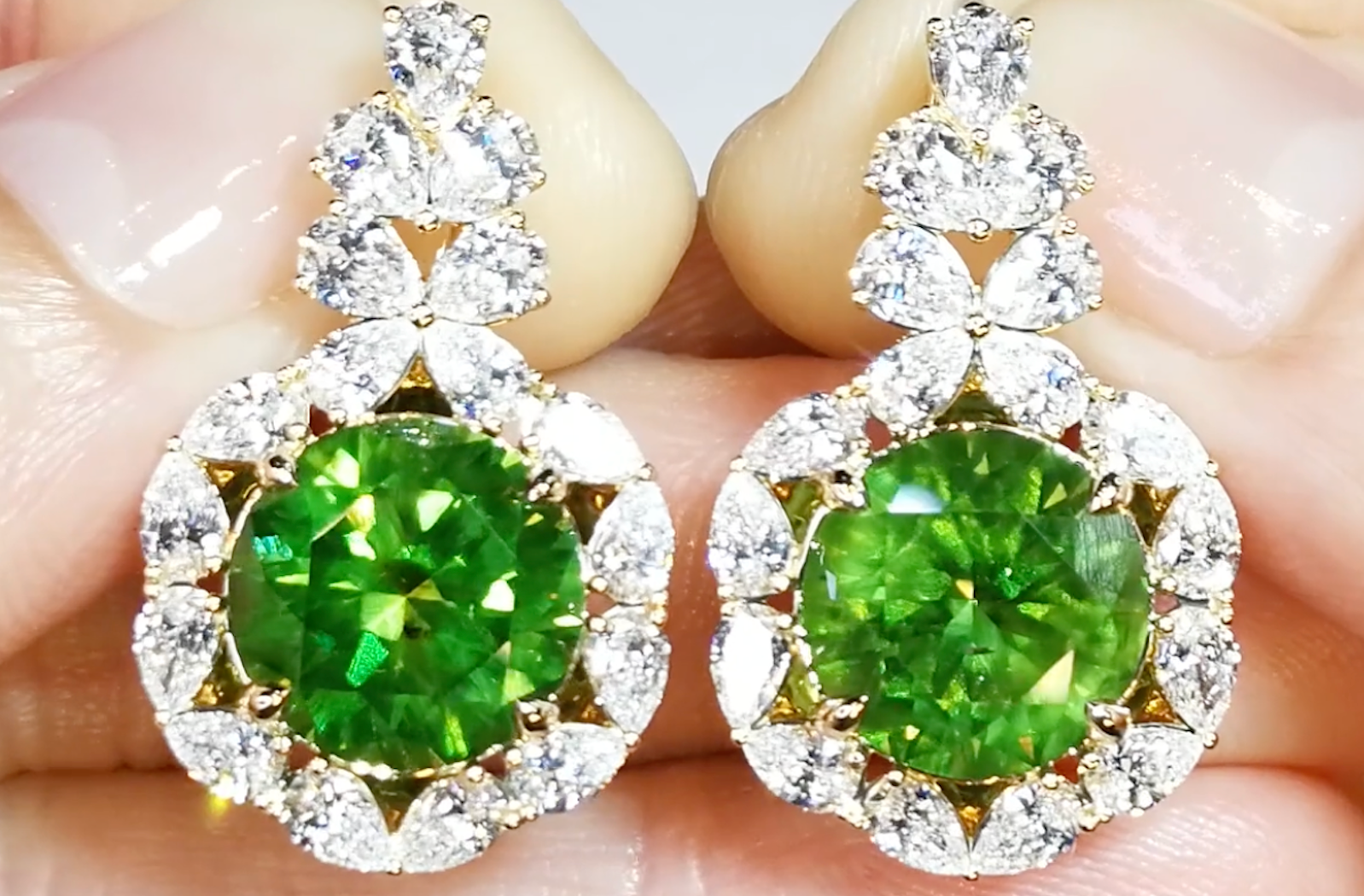 12.76ct Russian Horsetail Demantoid Earrings with D Flawless Diamonds set in 18K Yellow Gold