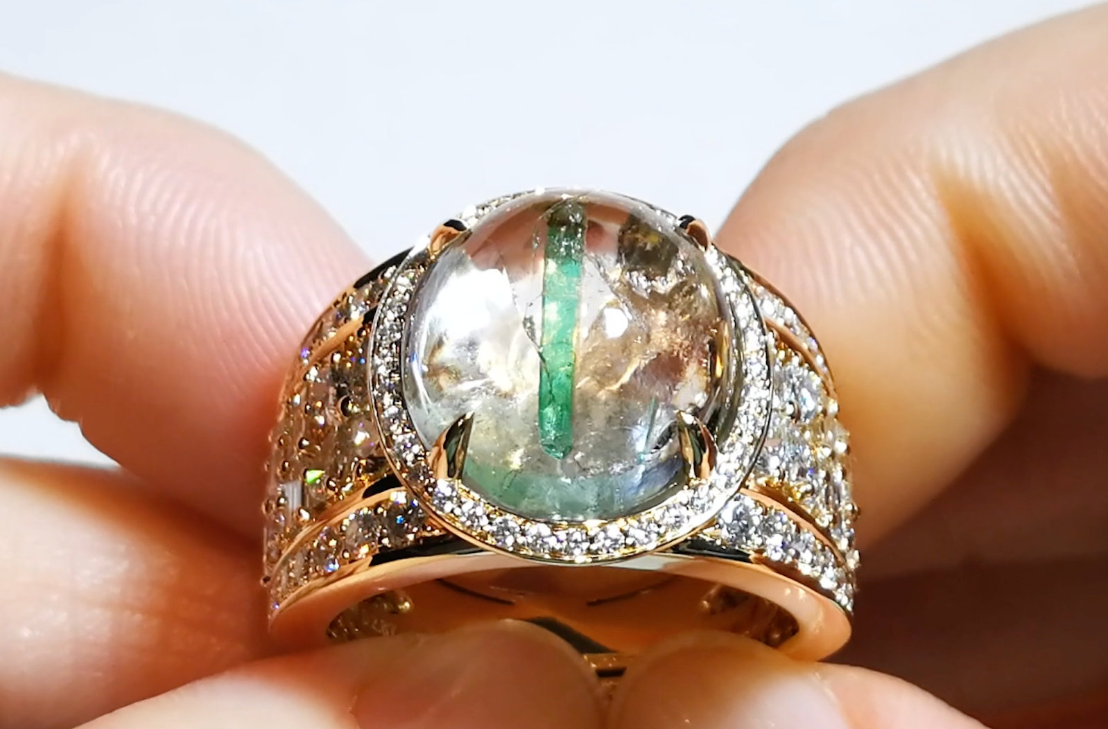 10.95ct Un Oiled Panjshir Emerald In Host Rock Quartz Ring with D Flawless Diamonds set in 18K Yellow Gold