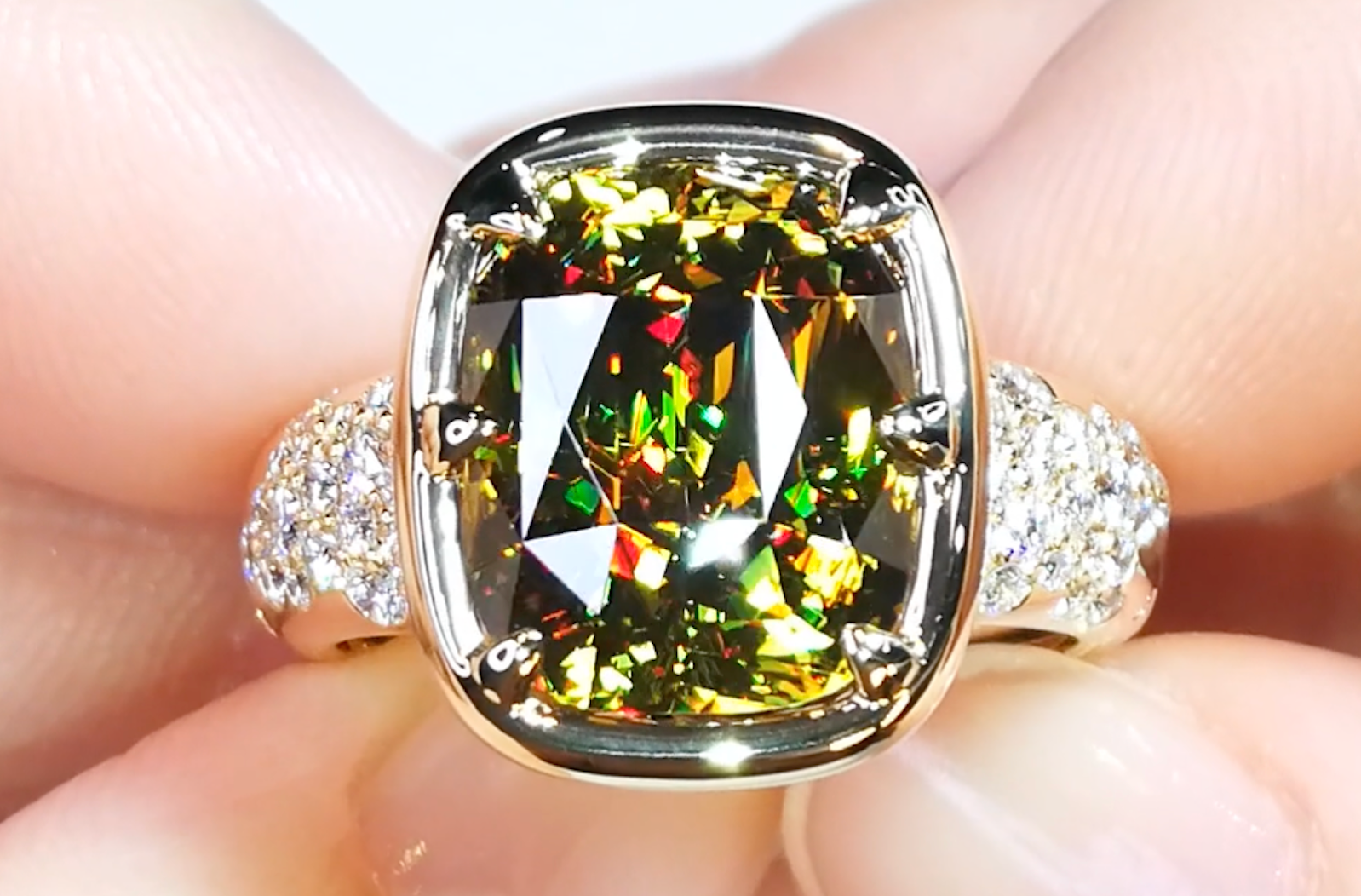 7.95ct Madagascar Sphene Ring with D Flawless Diamonds set in 18K Yellow Gold