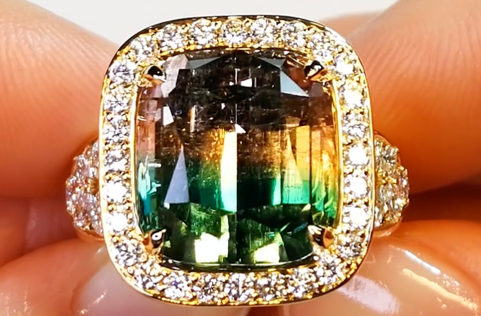 15.09ct Afghan Neon Bi Color Indicolite Ring with D Flawless Diamonds set in 18K Yellow Gold
