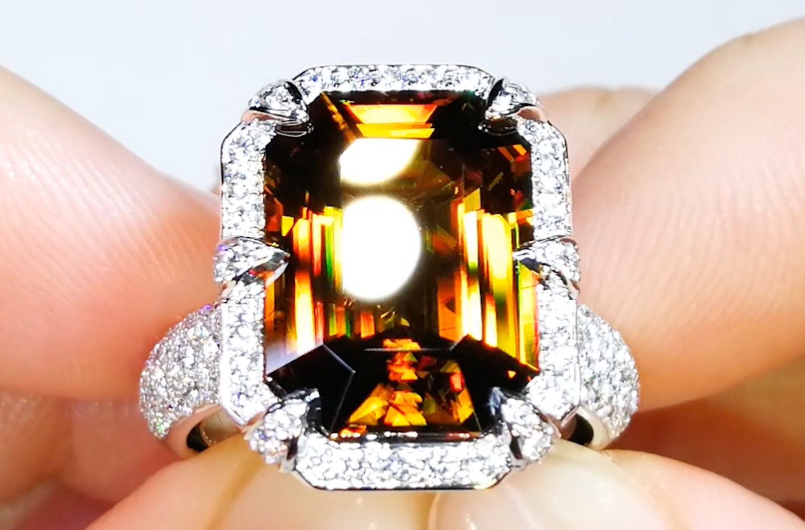 9.35ct Madagascar Sphene Ring with D Flawless Diamonds set in 18K White Gold