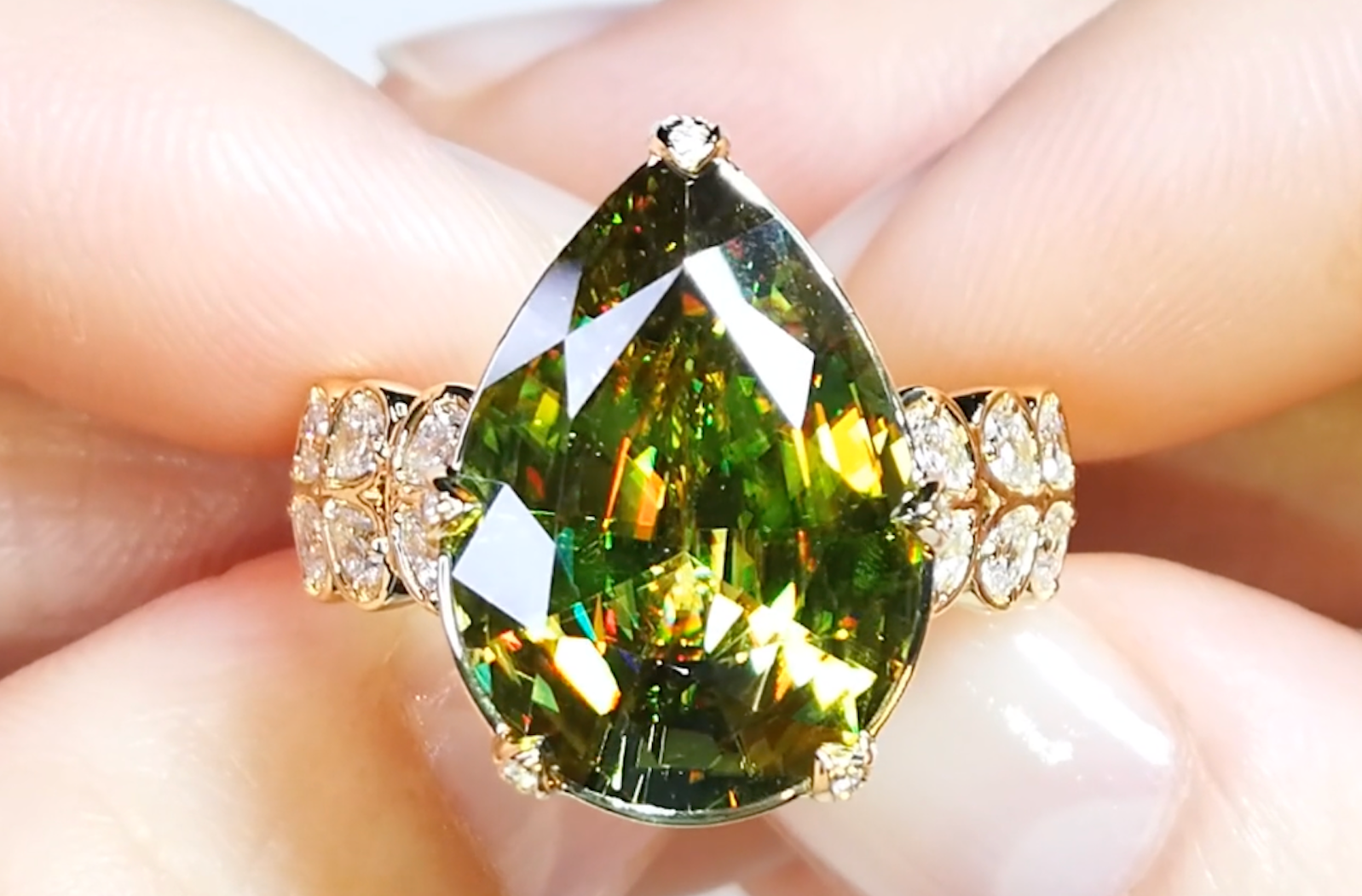 9.90ct Madagascar Sphene Ring with D Flawless Diamonds set in 18K Yellow Gold