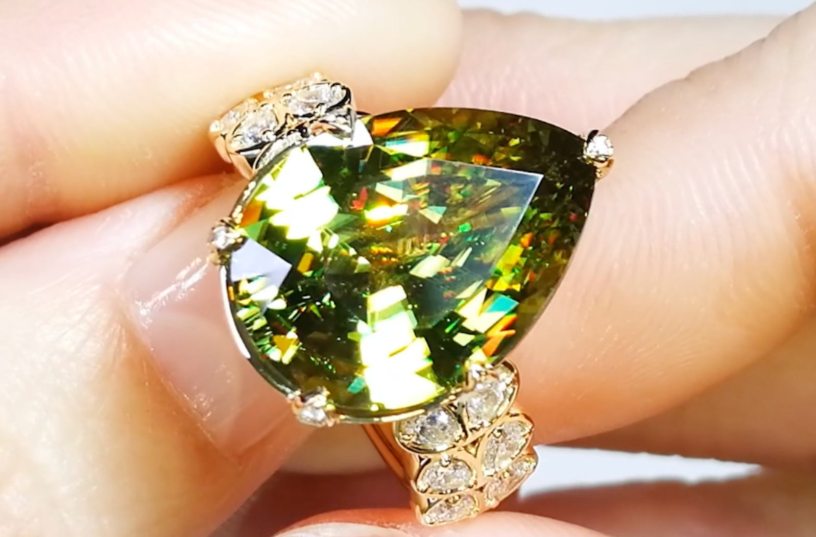 9.90ct Madagascar Sphene Ring with D Flawless Diamonds set in 18K Yellow Gold