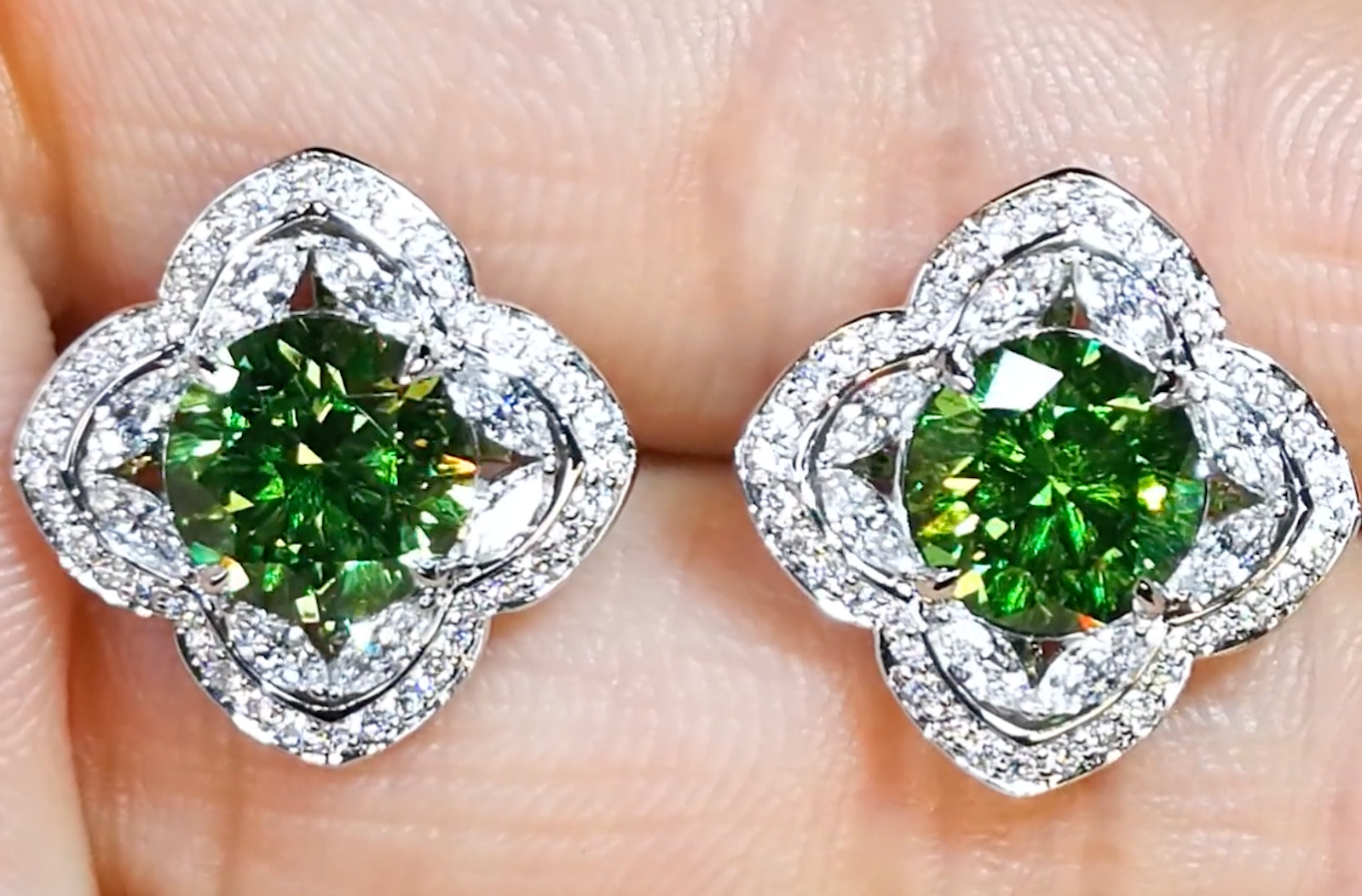 4.75ct Neon Russian Horsetail Demantoid Earrings with D Flawless Diamonds set in 18K White Gold