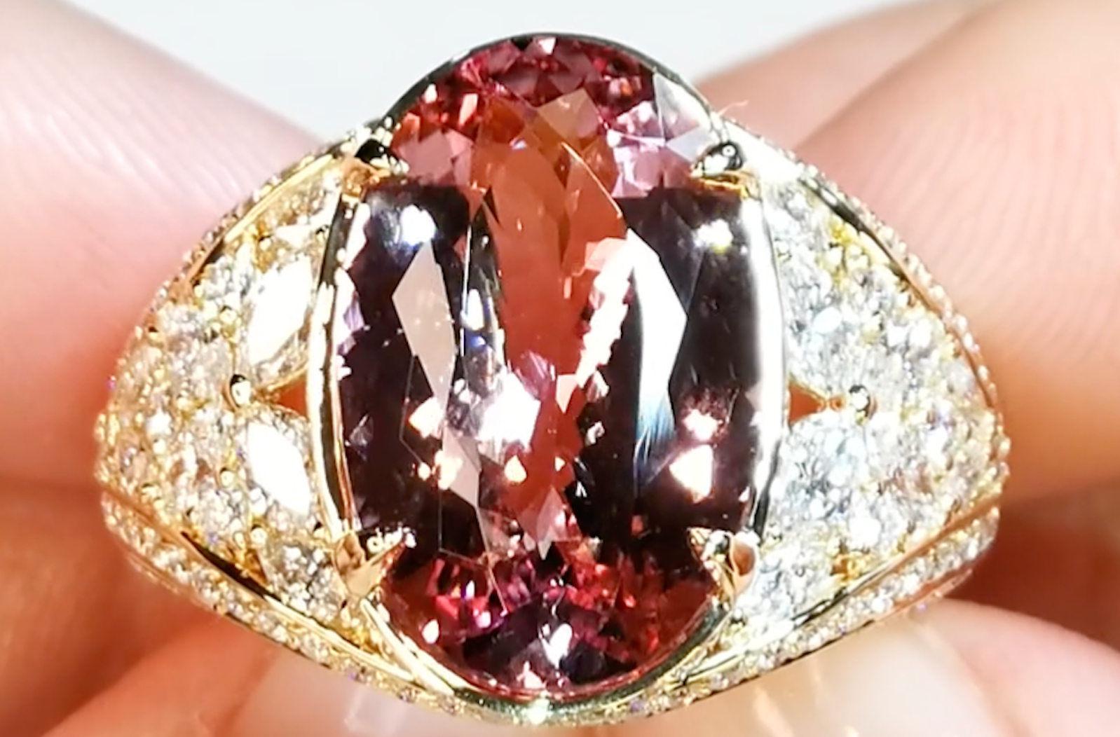 7.12ct Nigerian Morganite Ring with D Flawless Diamonds set in 18K Yellow Gold