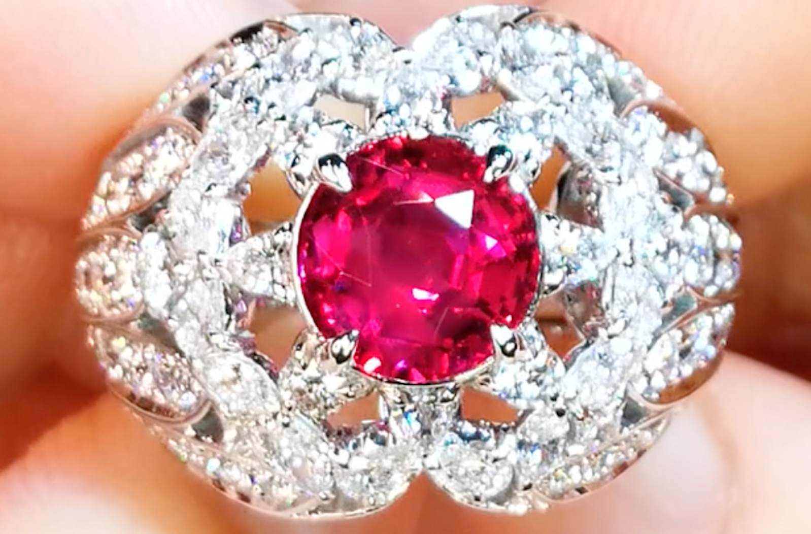 3.02ct Neon Unheated Jedi Ruby Ring with D Flawless Diamonds set in 18K White Gold