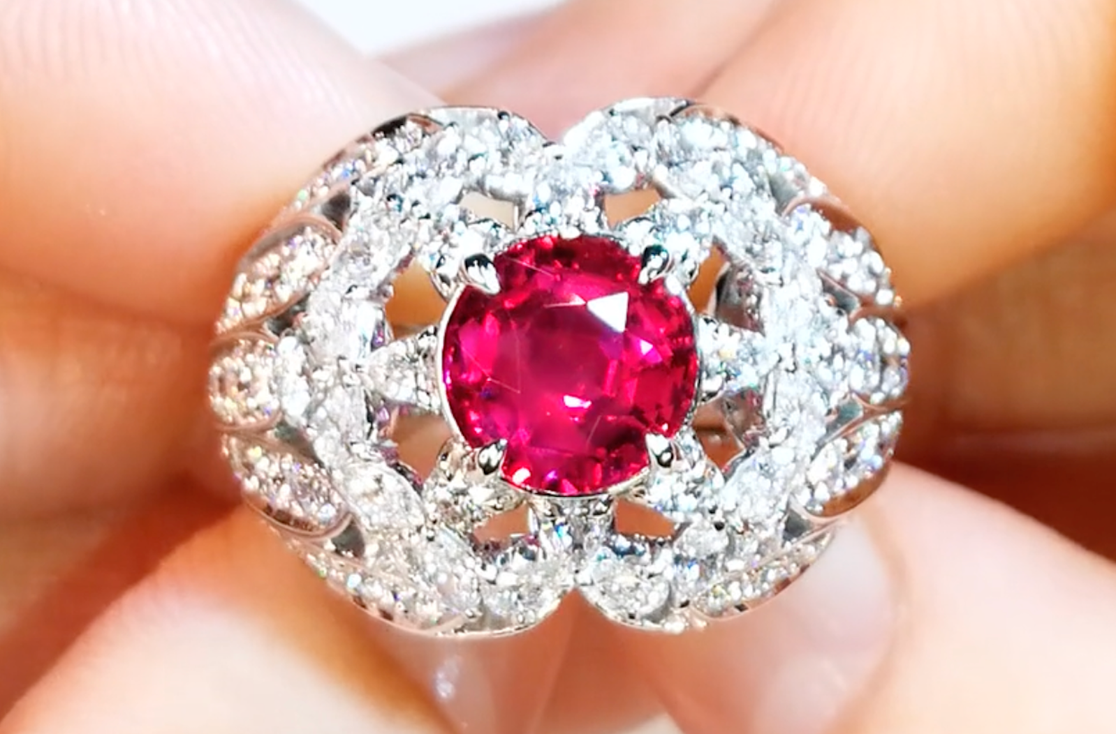 3.02ct Neon Unheated Jedi Ruby Ring with D Flawless Diamonds set in 18K White Gold