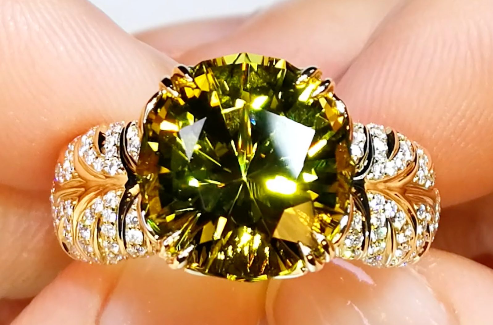 7.73ct Neon Yellow Titanium Tourmaline Ring with D Flawless Diamonds set in 18K Yellow Gold
