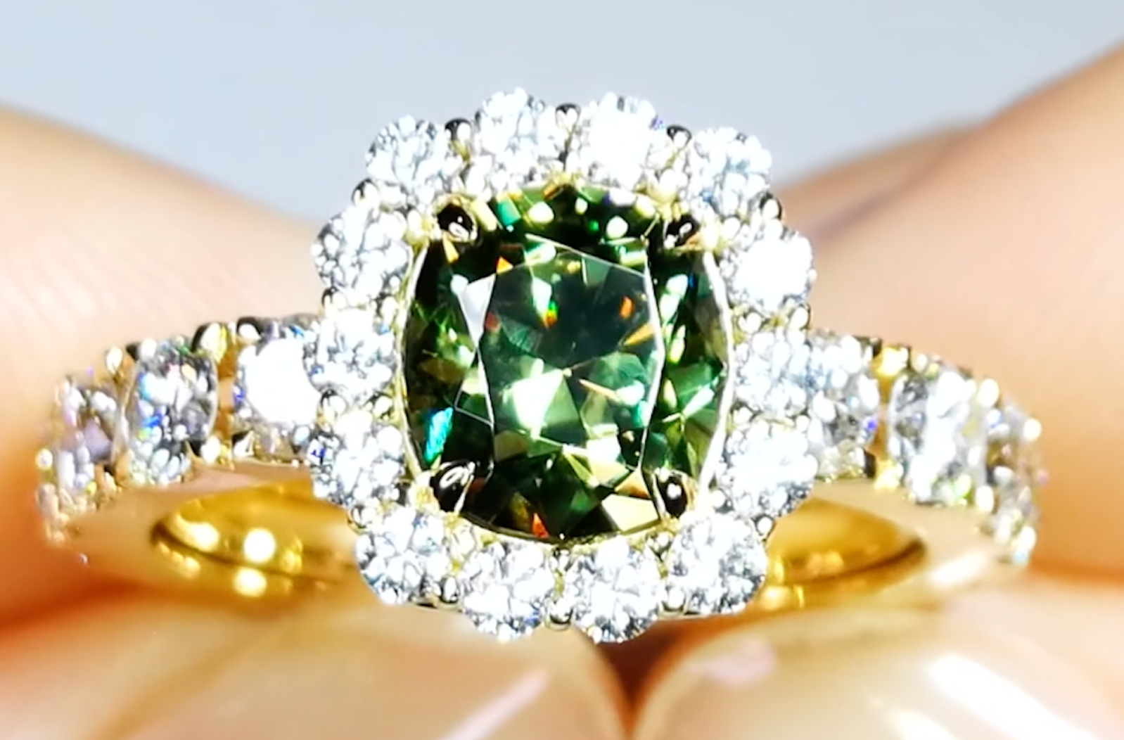 2.08ct Russian Horsetail Color Change Demantoid Ring with D Flawless Diamonds set in 18K Yellow Gold