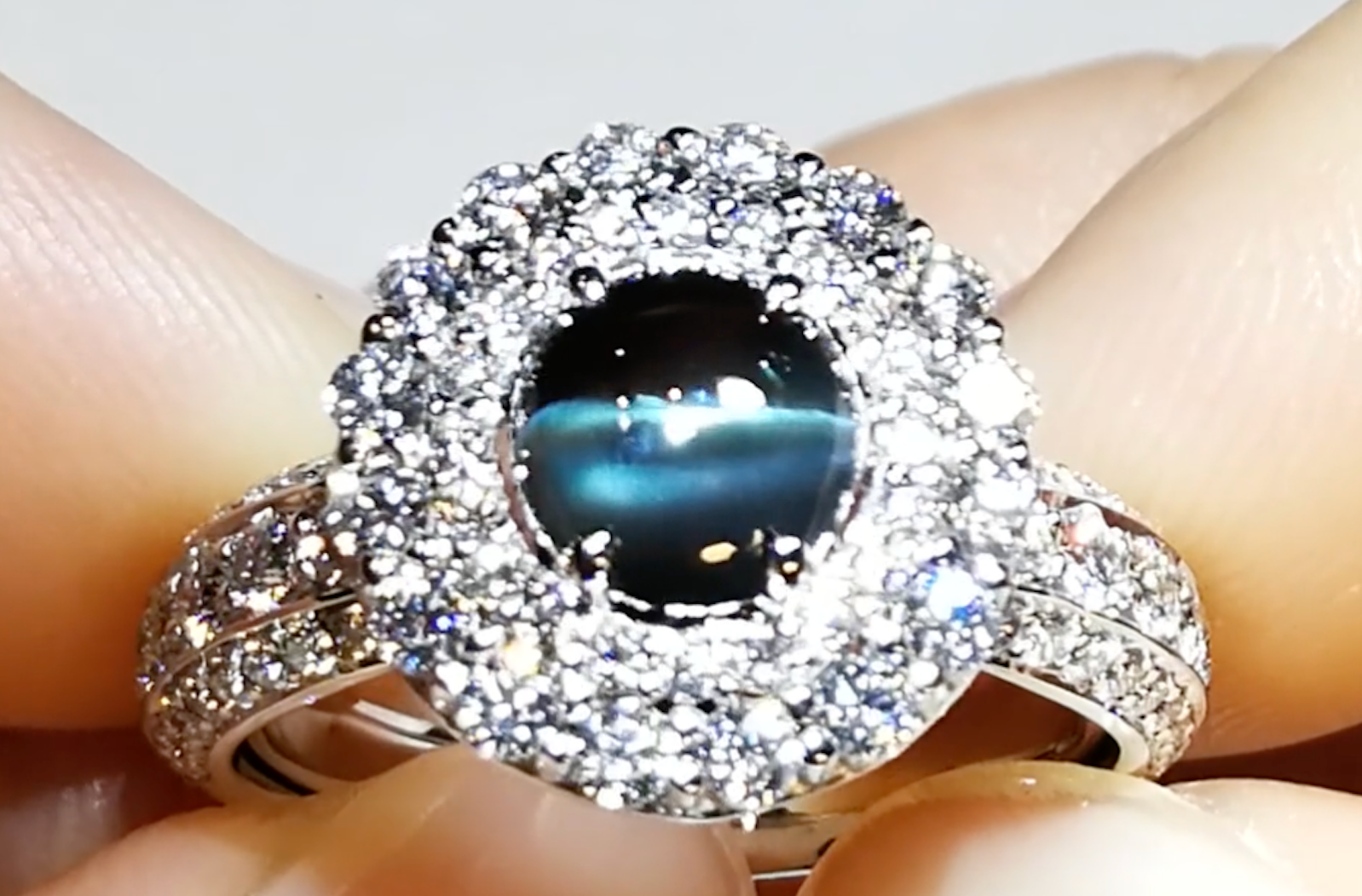 3.06ct Blue 100% Change Brazilian Alexandrite Cats Eye Ring with D Flawless Diamonds set in 18K White Gold