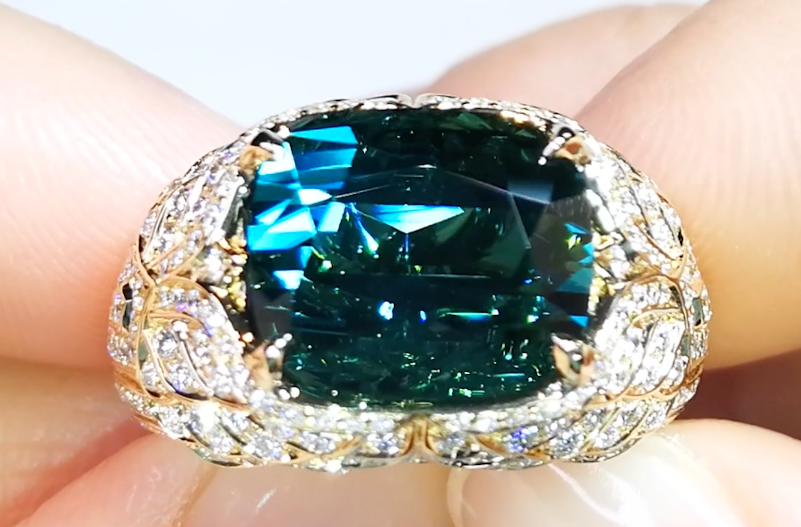 8.15ct Afghan Indicolite Ring with D Flawless Diamonds set in 18K Yellow Gold